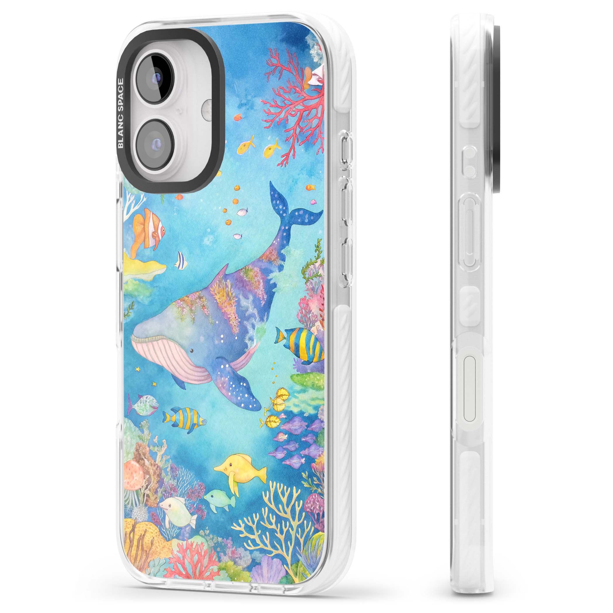 Coral Lagoon ocean iPhone case featuring a watercolour whale, coral reef and tropical fish | Impact Magsafe case for iPhone 16, iPhone 16 Plus