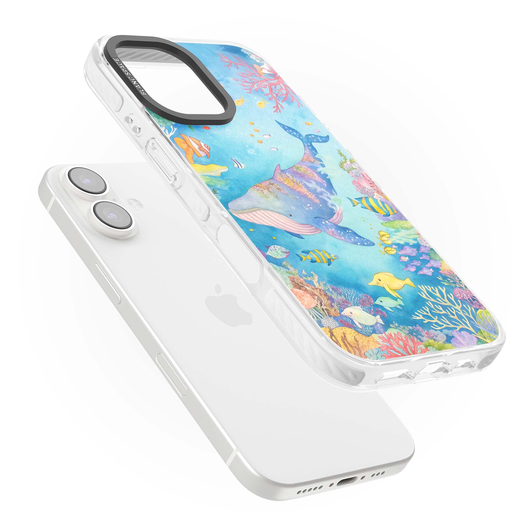 Coral Lagoon ocean iPhone case featuring a watercolour whale, coral reef and tropical fish | Impact Magsafe case for iPhone 16, iPhone 16 Plus