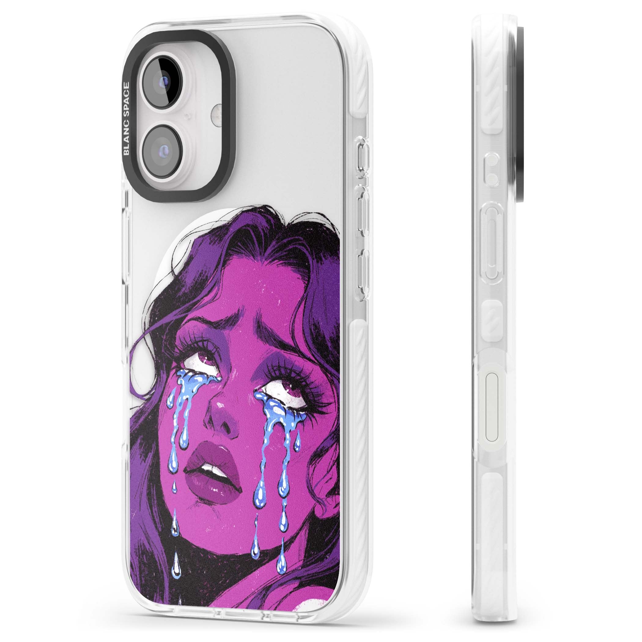 Drama Queen pop art iPhone case featuring a purple crying comic girl with blue tears | Impact Magsafe case for iPhone 16, iPhone 16 Plus