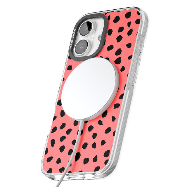 iPhone 16 Pro Max Black on Salmon Pink Dalmatian Polka Dot Spots Black Impact Phone Case