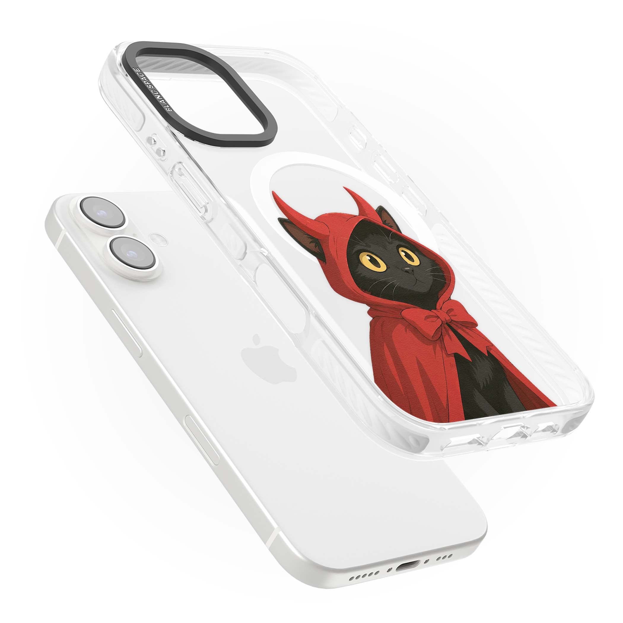 Little Devil halloween iPhone case featuring a black cat in a red hooded devil cloak with horns and golden eyes | Impact Magsafe case for iPhone 16, iPhone 16 Plus