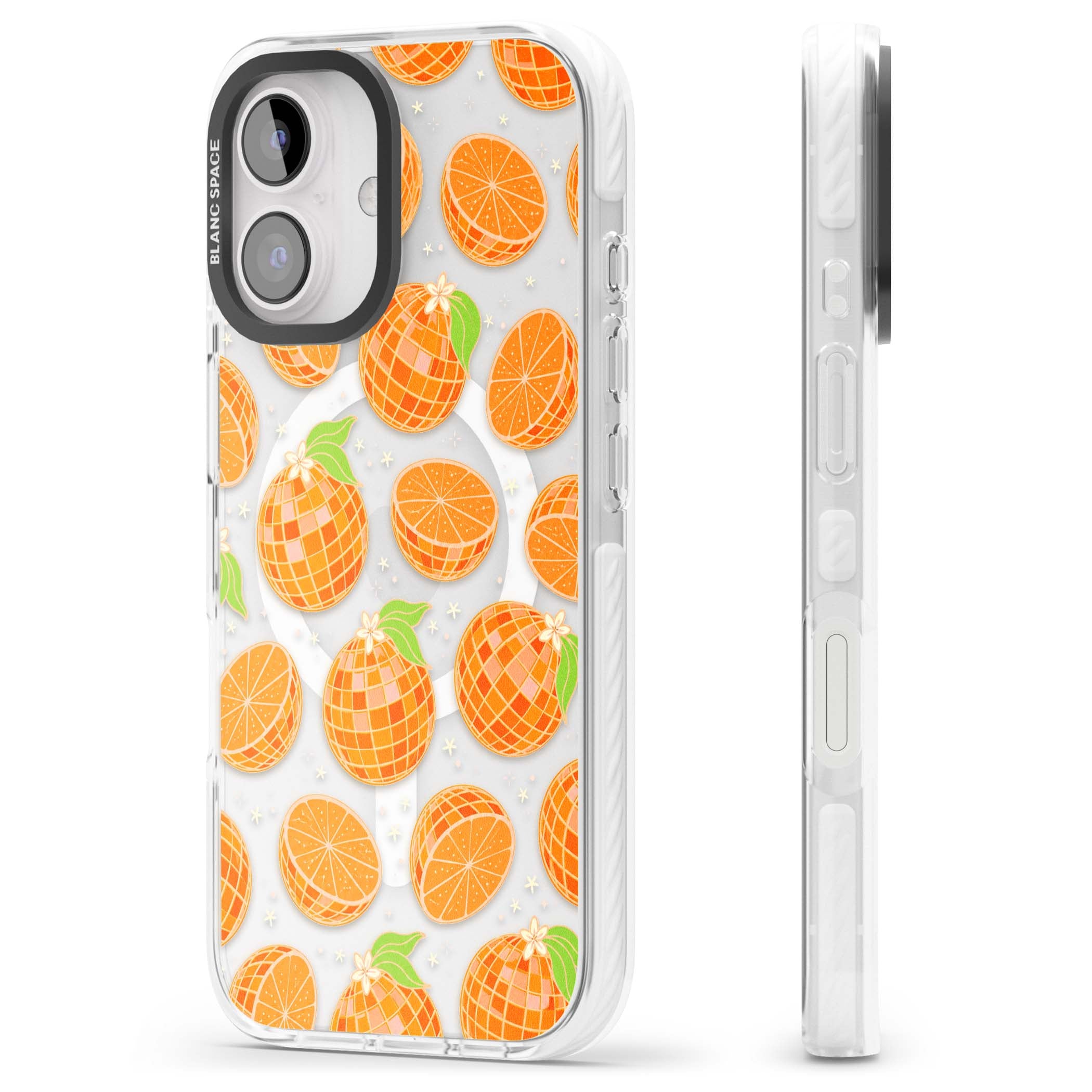 Disco Oranges retro iPhone case featuring mirrorball oranges, citrus slices and tiny blossoms on clear | Impact Magsafe case for iPhone 16, iPhone 16 Plus