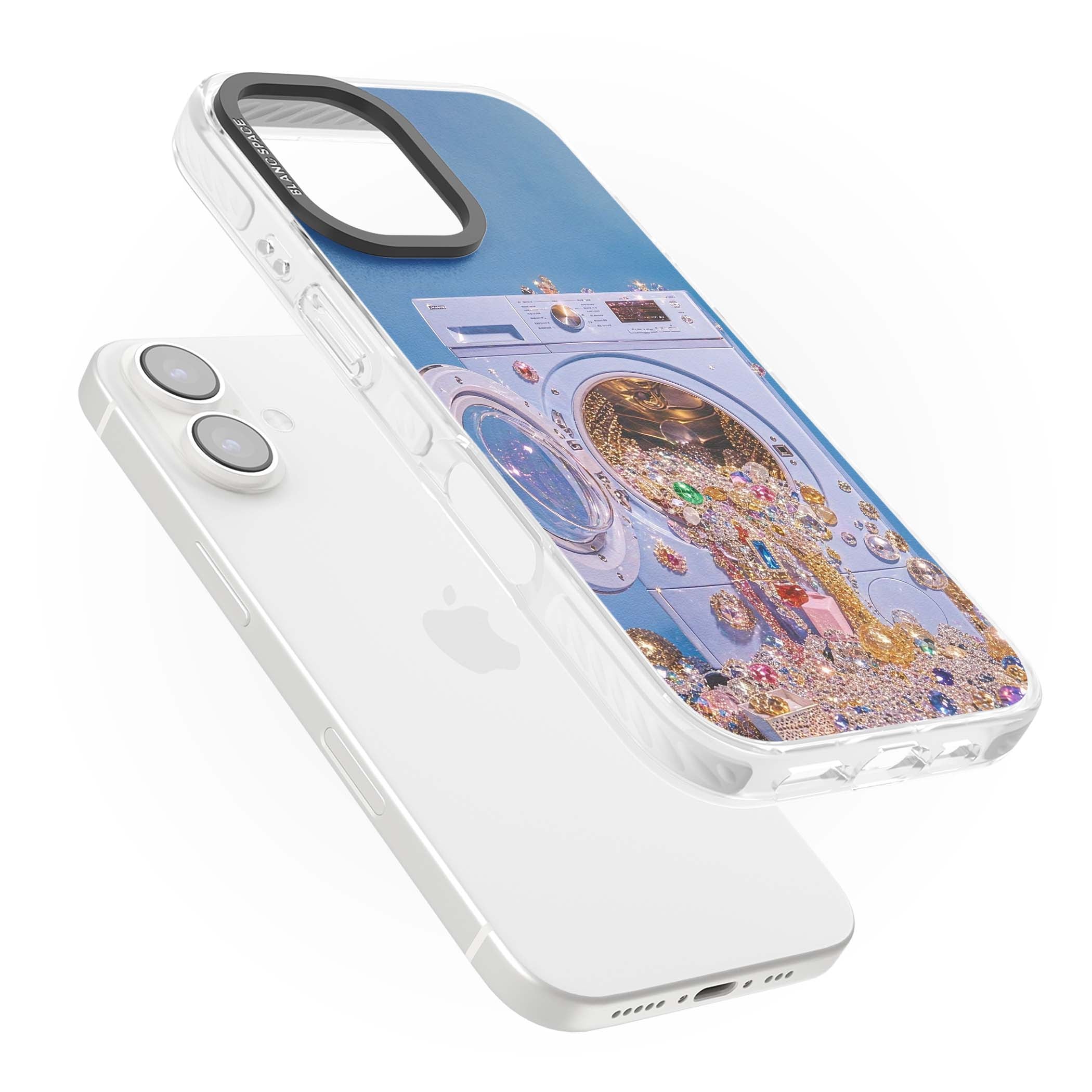 Gem Laundry baddie iPhone case featuring a surreal washing machine overflowing with colourful gemstones and crystals | Impact Magsafe case for iPhone 16, iPhone 16 Plus