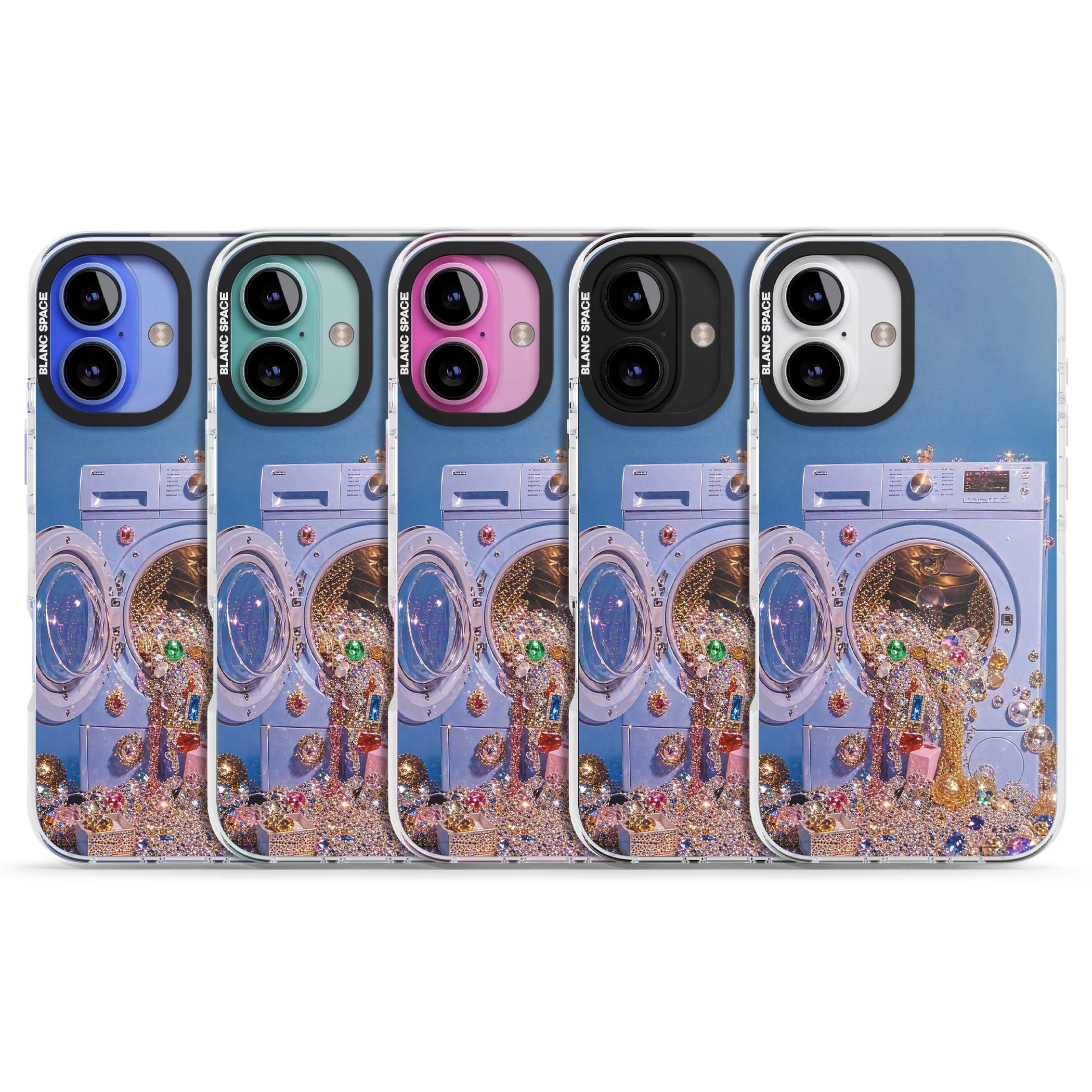 Gem Laundry baddie iPhone case featuring a surreal washing machine overflowing with colourful gemstones and crystals | Impact Magsafe case for iPhone 16, iPhone 16 Plus