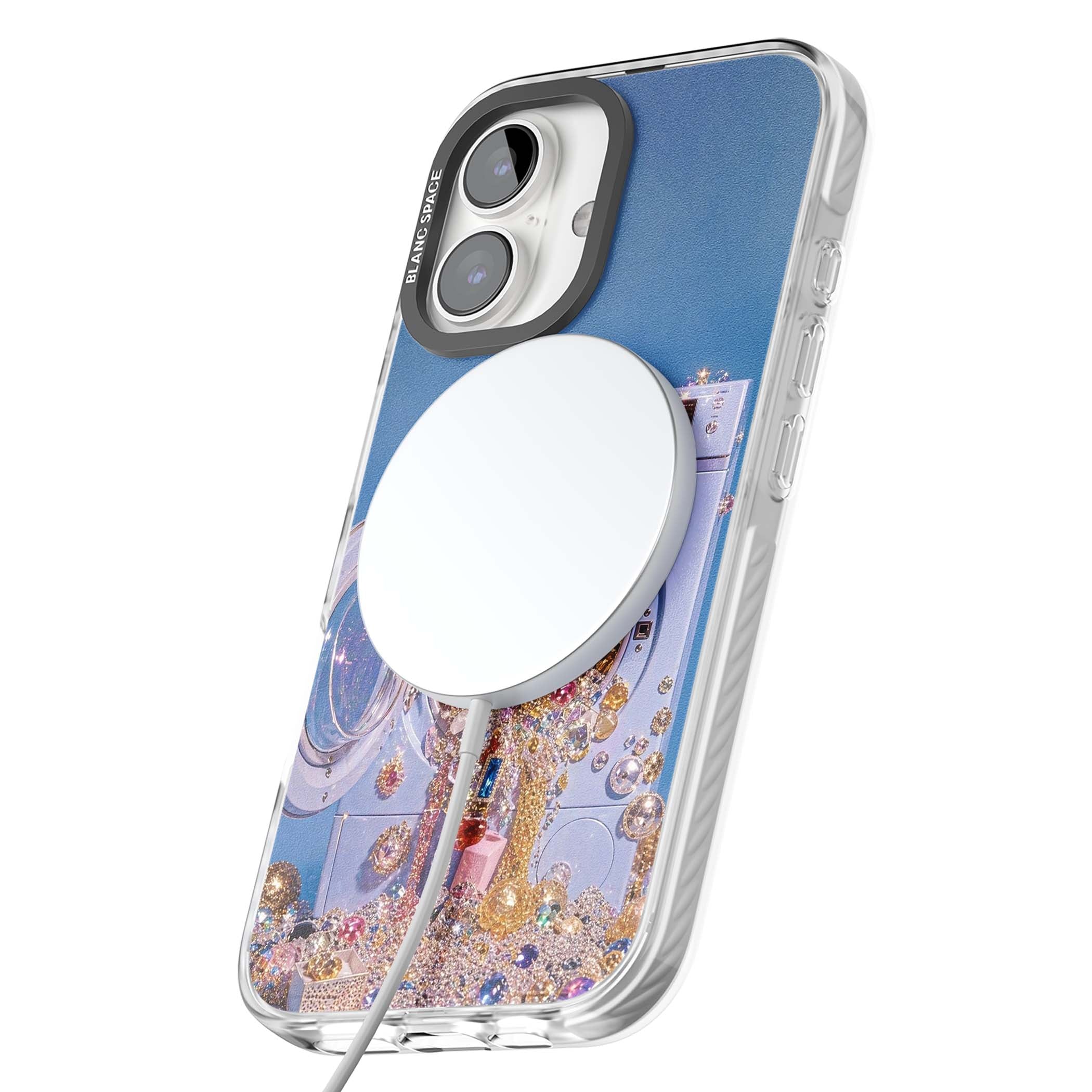 Gem Laundry baddie iPhone case featuring a surreal washing machine overflowing with colourful gemstones and crystals | Impact Magsafe case for iPhone 16, iPhone 16 Plus