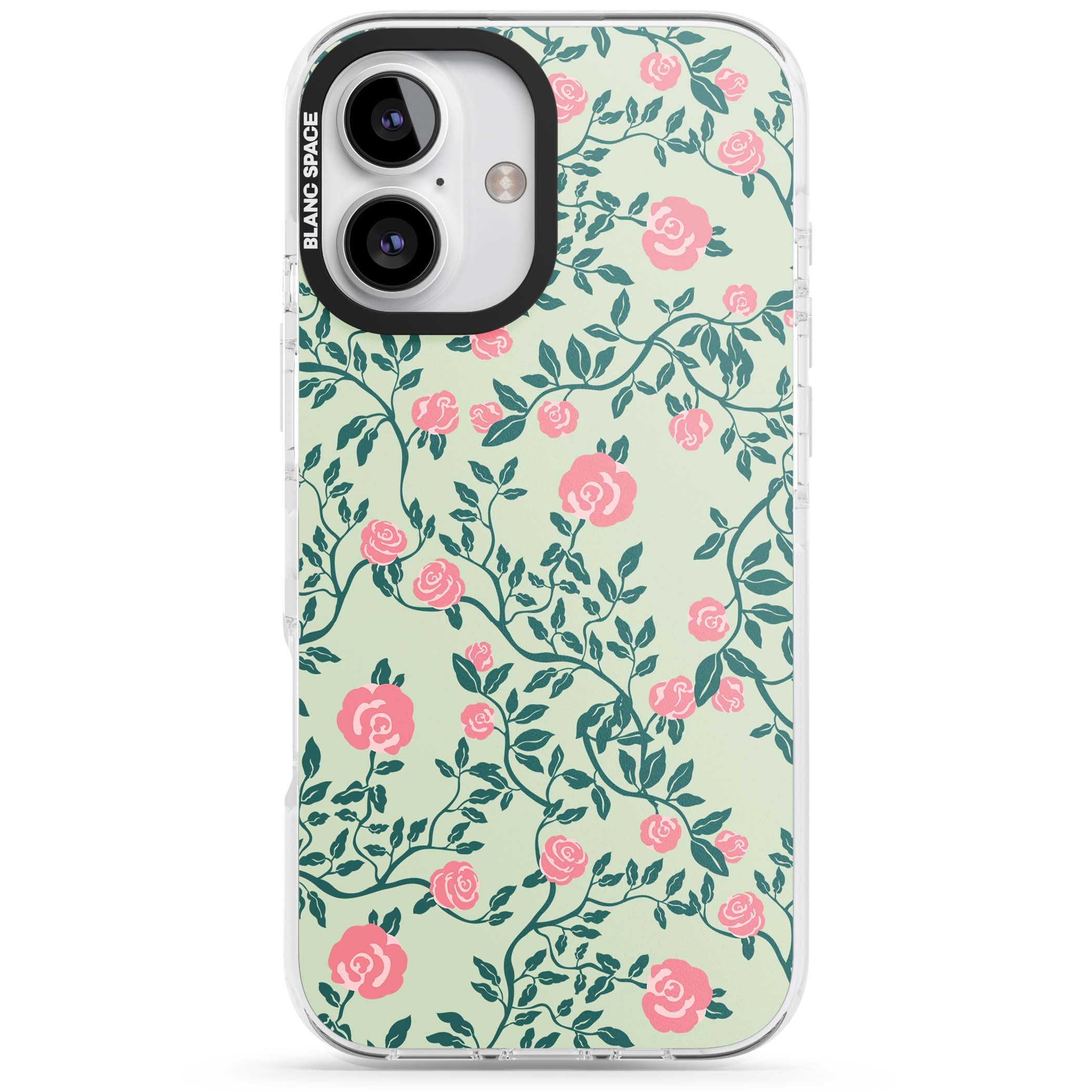 Rose Trellis cottagecore iPhone case featuring pink roses, sage green vines, and mint background | Impact Magsafe case for iPhone 16, iPhone 16 Plus