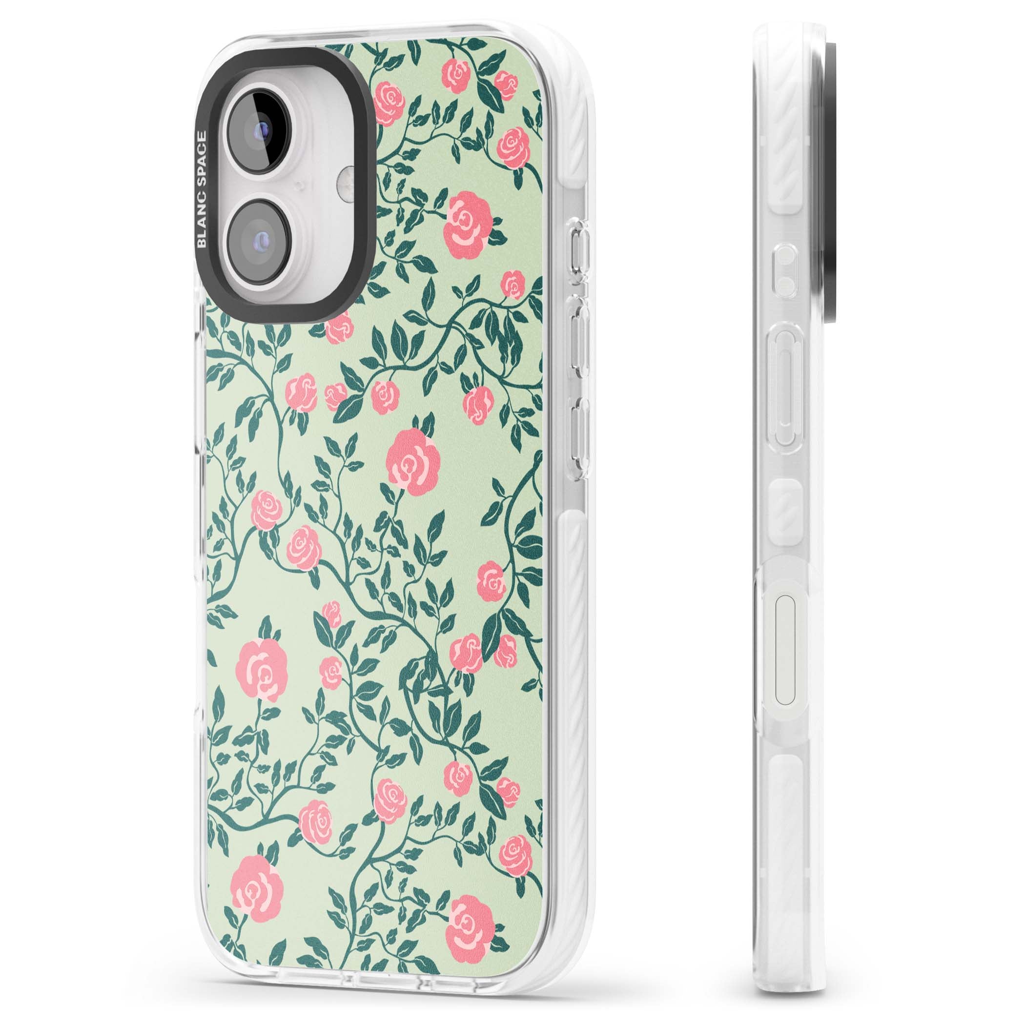 Rose Trellis cottagecore iPhone case featuring pink roses, sage green vines, and mint background | Impact Magsafe case for iPhone 16, iPhone 16 Plus