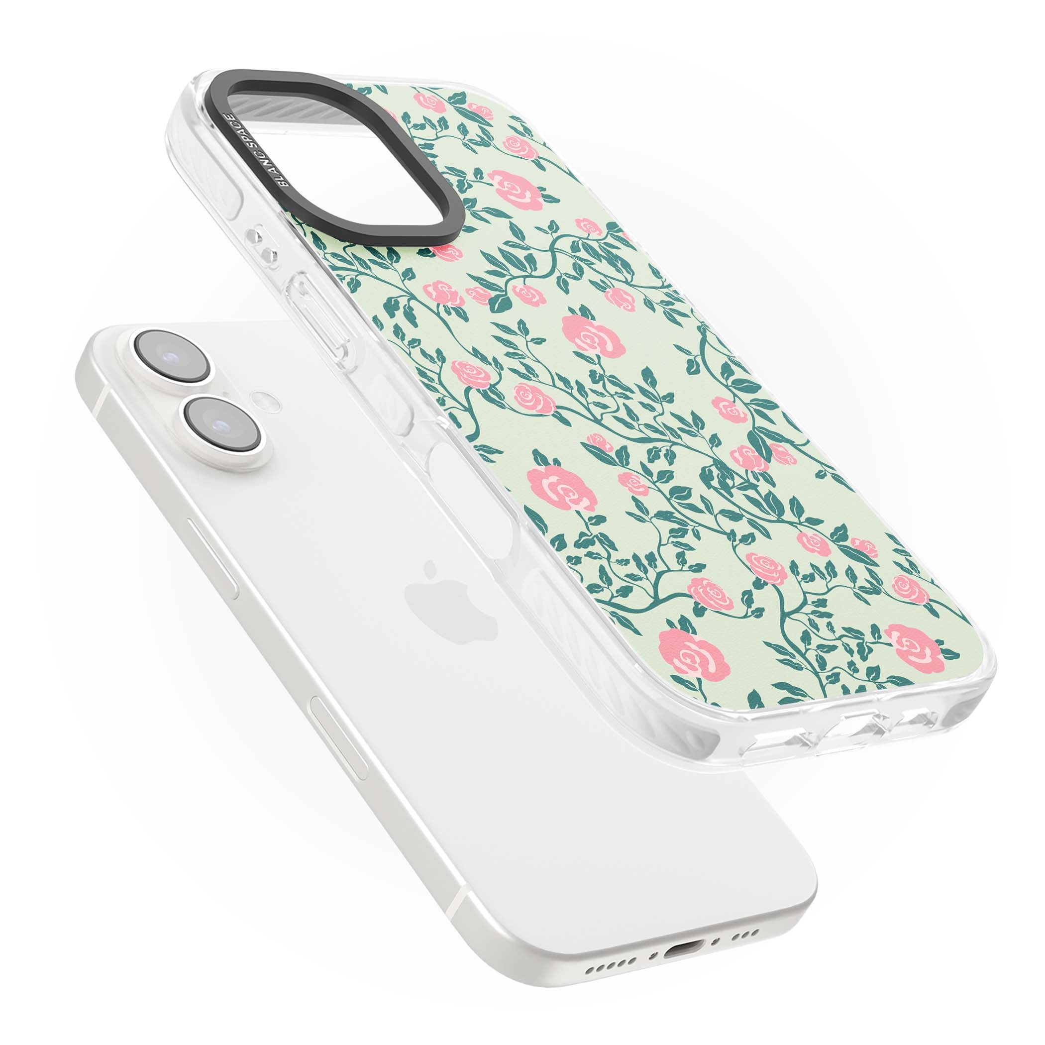 Rose Trellis cottagecore iPhone case featuring pink roses, sage green vines, and mint background | Impact Magsafe case for iPhone 16, iPhone 16 Plus