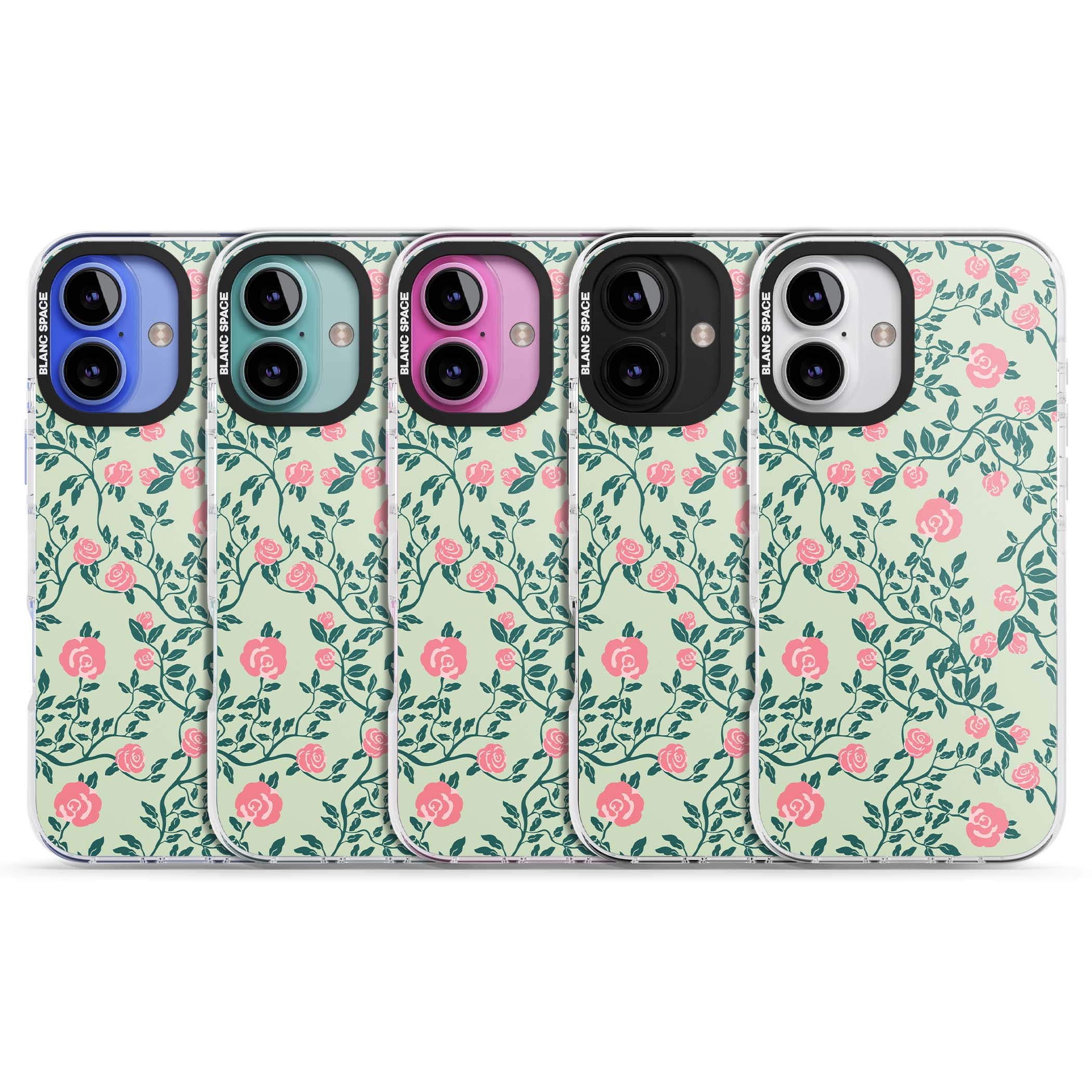 Rose Trellis cottagecore iPhone case featuring pink roses, sage green vines, and mint background | Impact Magsafe case for iPhone 16, iPhone 16 Plus