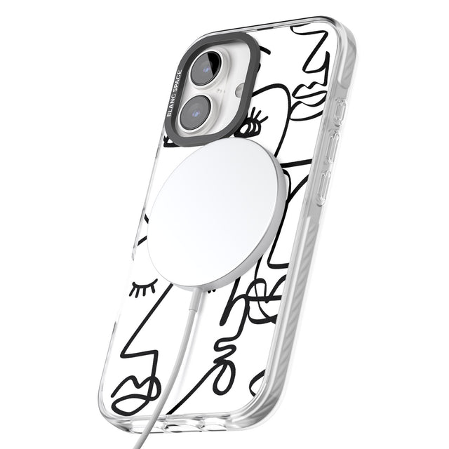 iPhone 16 Pro Max Abstract Continuous Line Faces Black on White Black Impact Phone Case