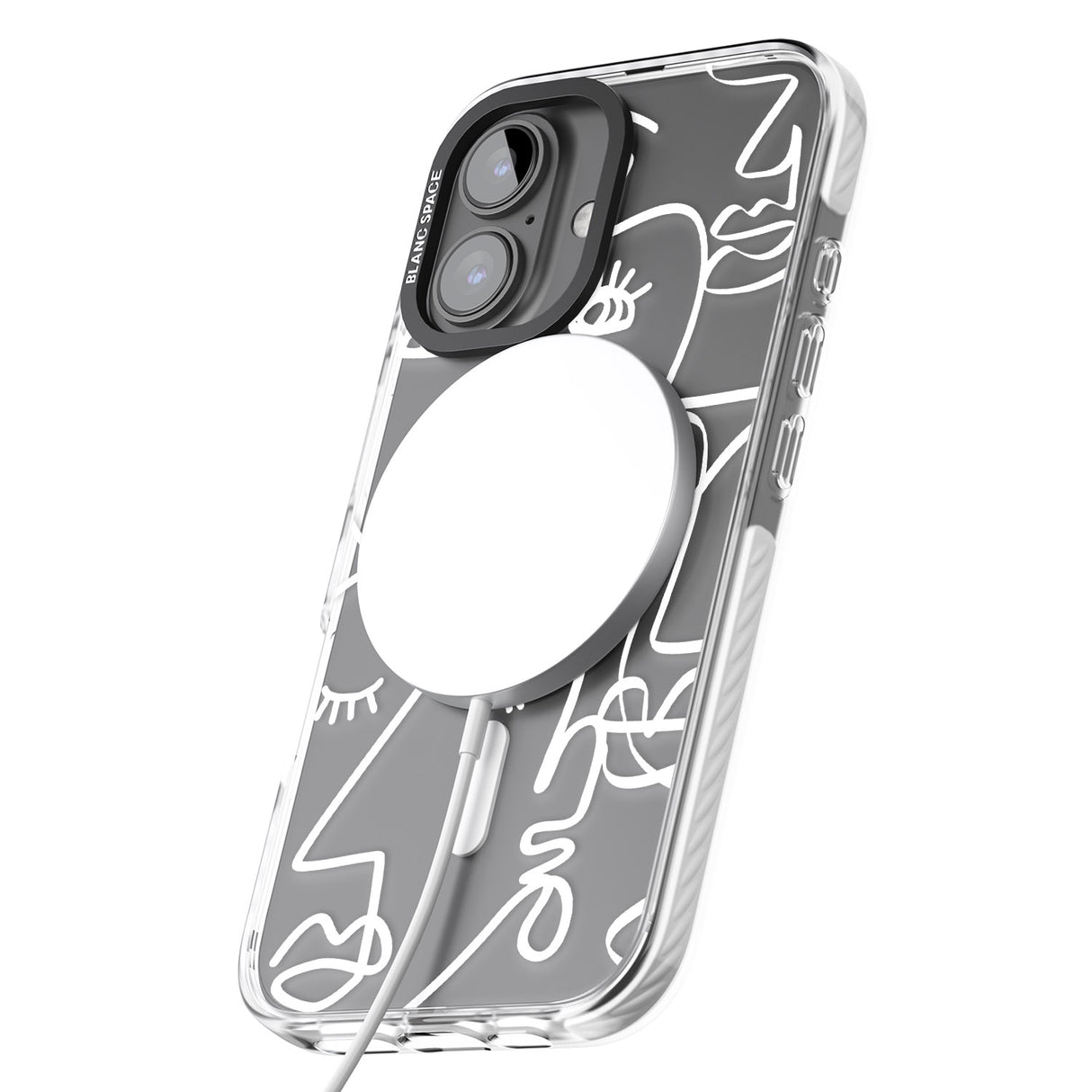 iPhone 16 Pro Max Abstract Continuous Line Faces White on Clear Black Impact Phone Case