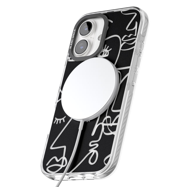 iPhone 16 Pro Max Abstract Continuous Line Faces Clear on Black Black Impact Phone Case