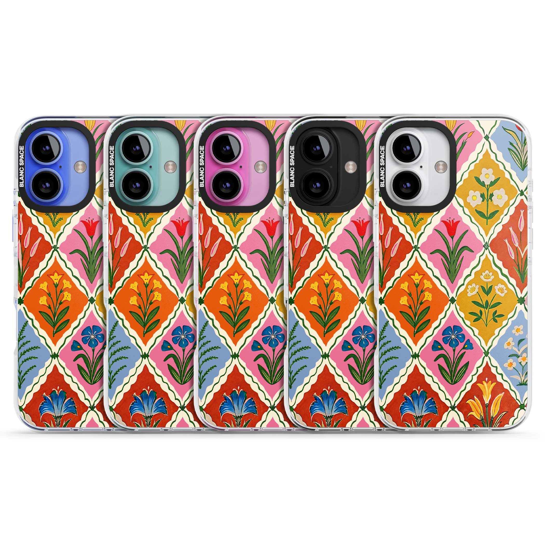 Floral Quilt boho floral iPhone case featuring diamond lattice pattern, hand-painted tulips and folk art wildflowers | Impact Magsafe case for iPhone 16, iPhone 16 Plus