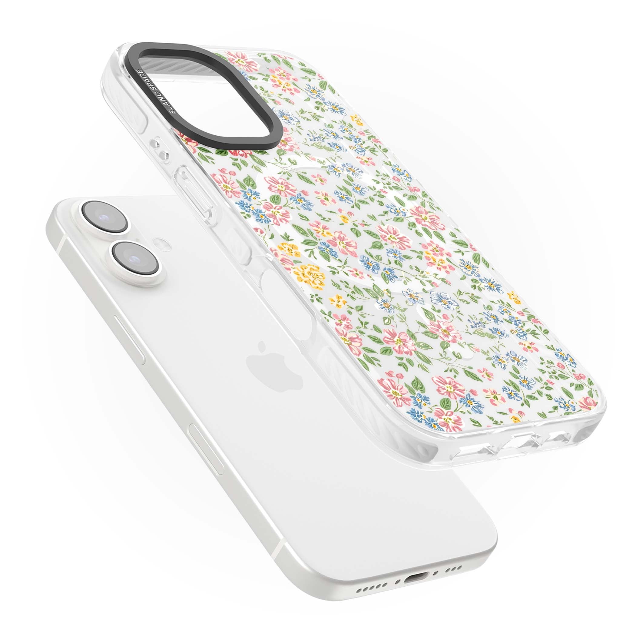 Soft Meadow cottagecore iPhone case featuring pink cosmos, blue forget-me-nots, yellow buttercups and green leaves sca | Impact Magsafe case for iPhone 16, iPhone 16 Plus