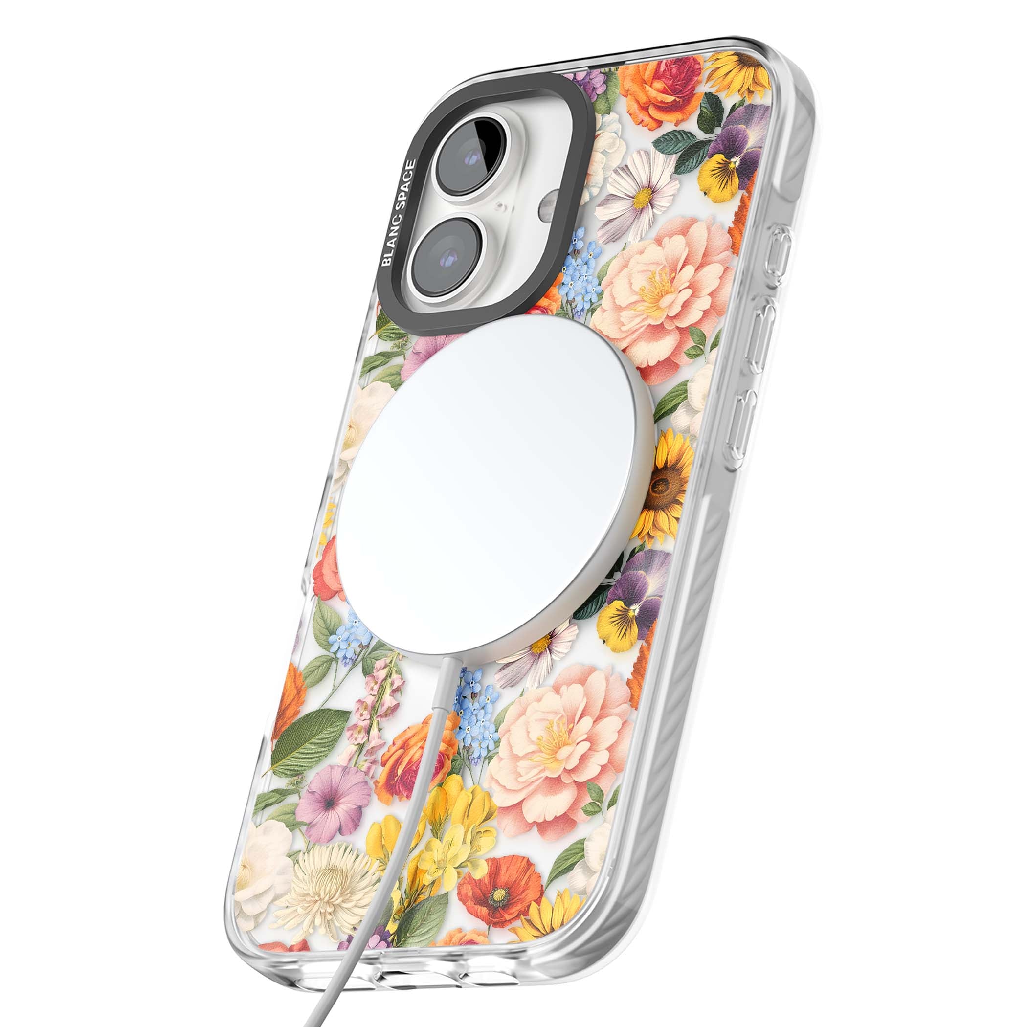 Bloom Basket floral iPhone case featuring cottage garden flowers including peonies, sunflowers, and wildflowers in pastel col | Impact Magsafe case for iPhone 16, iPhone 16 Plus