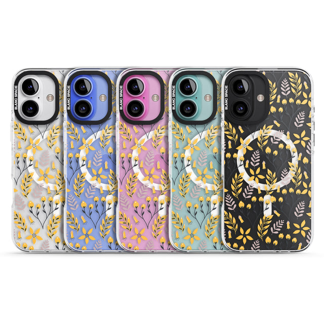 iPhone 16 Pro Max Yellow Leaves Transparent Floral Black Impact Phone Case