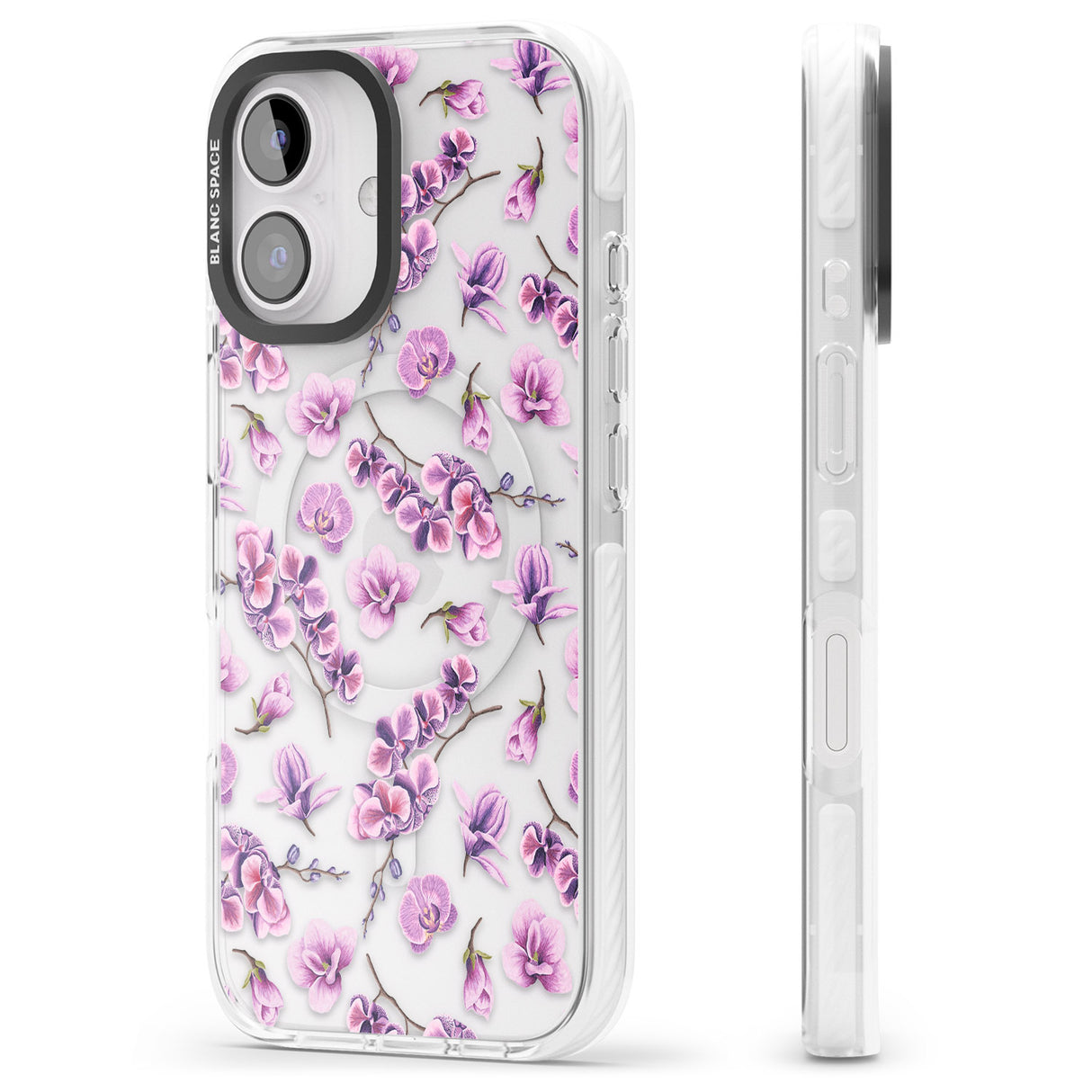 iPhone 16 Pro Max Purple Orchids Transparent Floral Black Impact Phone Case