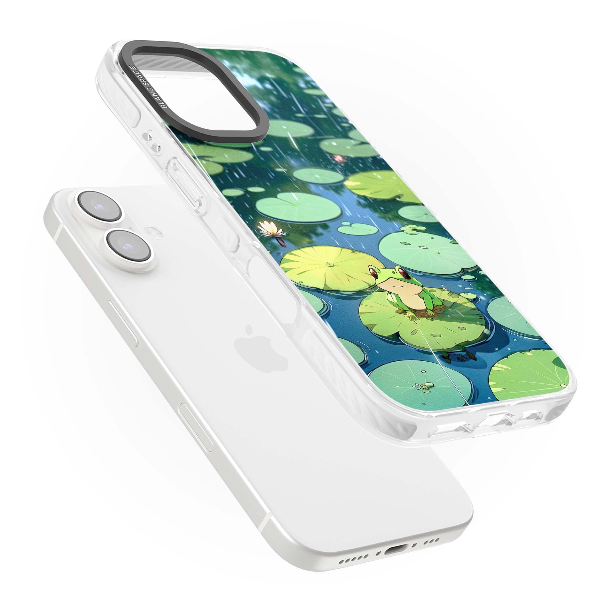 Frog In Lily Pond cottagecore iPhone case featuring a cute green frog on a lily pad with falling rain and a lotus flower | Impact Magsafe case for iPhone 16, iPhone 16 Plus