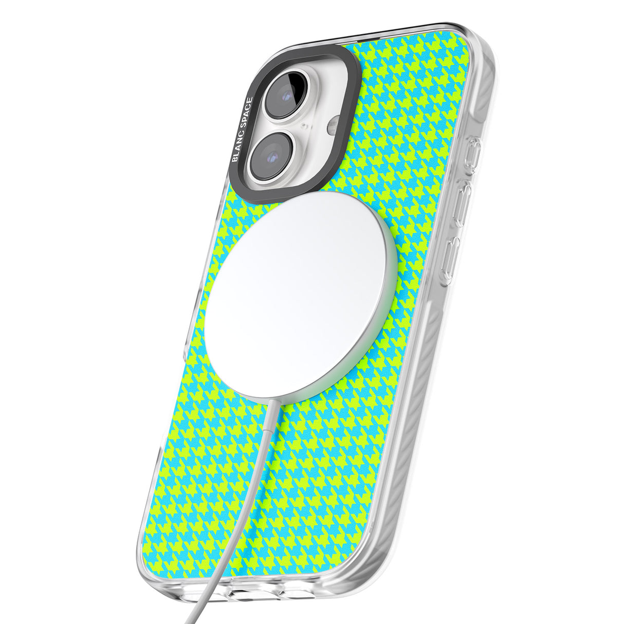 iPhone 16 Pro Max Neon Lime & Turquoise Houndstooth Pattern Black Impact Phone Case