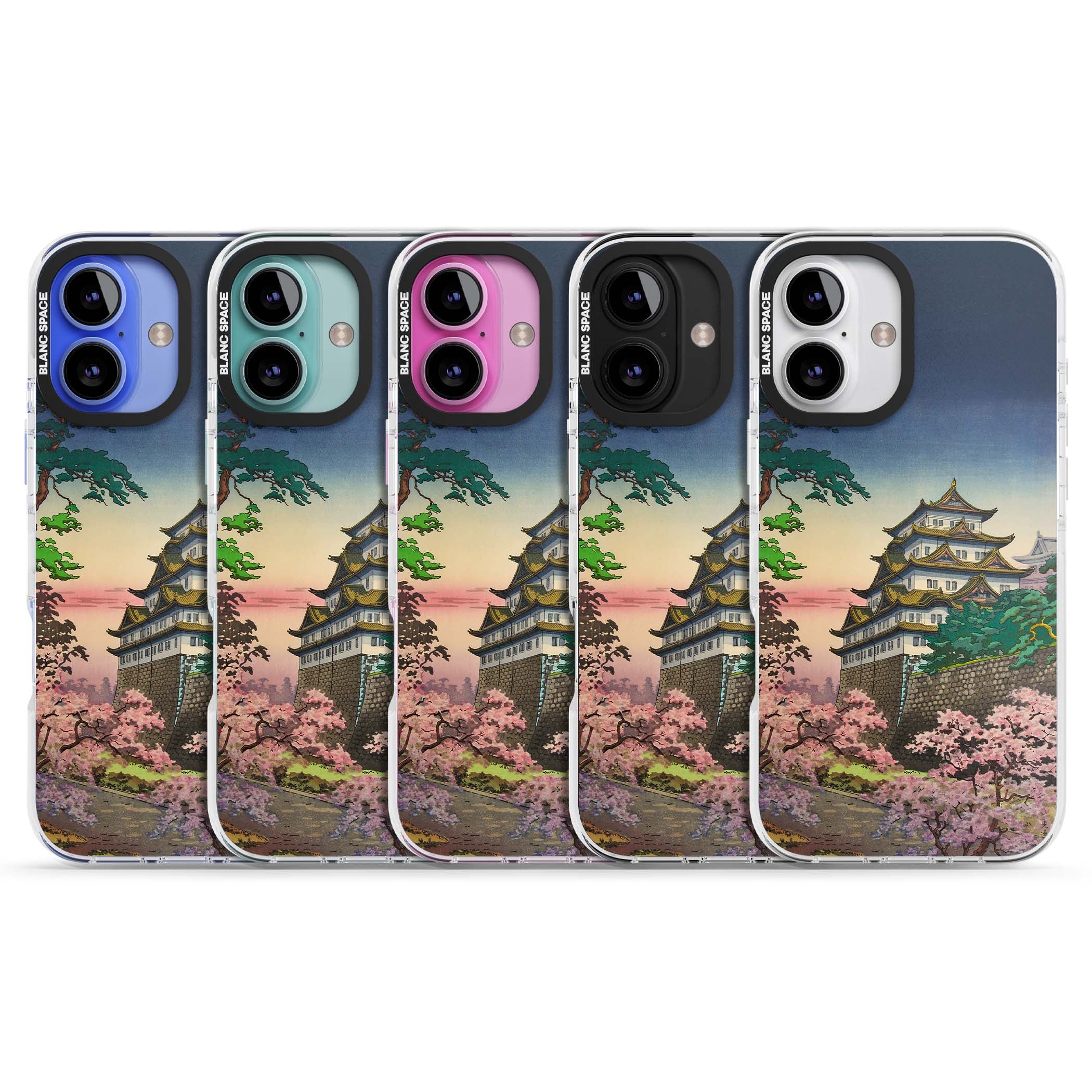 Nagoya Castle Japanese iPhone case featuring a vintage pagoda, twilight sky and cherry blossom trees | Impact Magsafe case for iPhone 16, iPhone 16 Plus