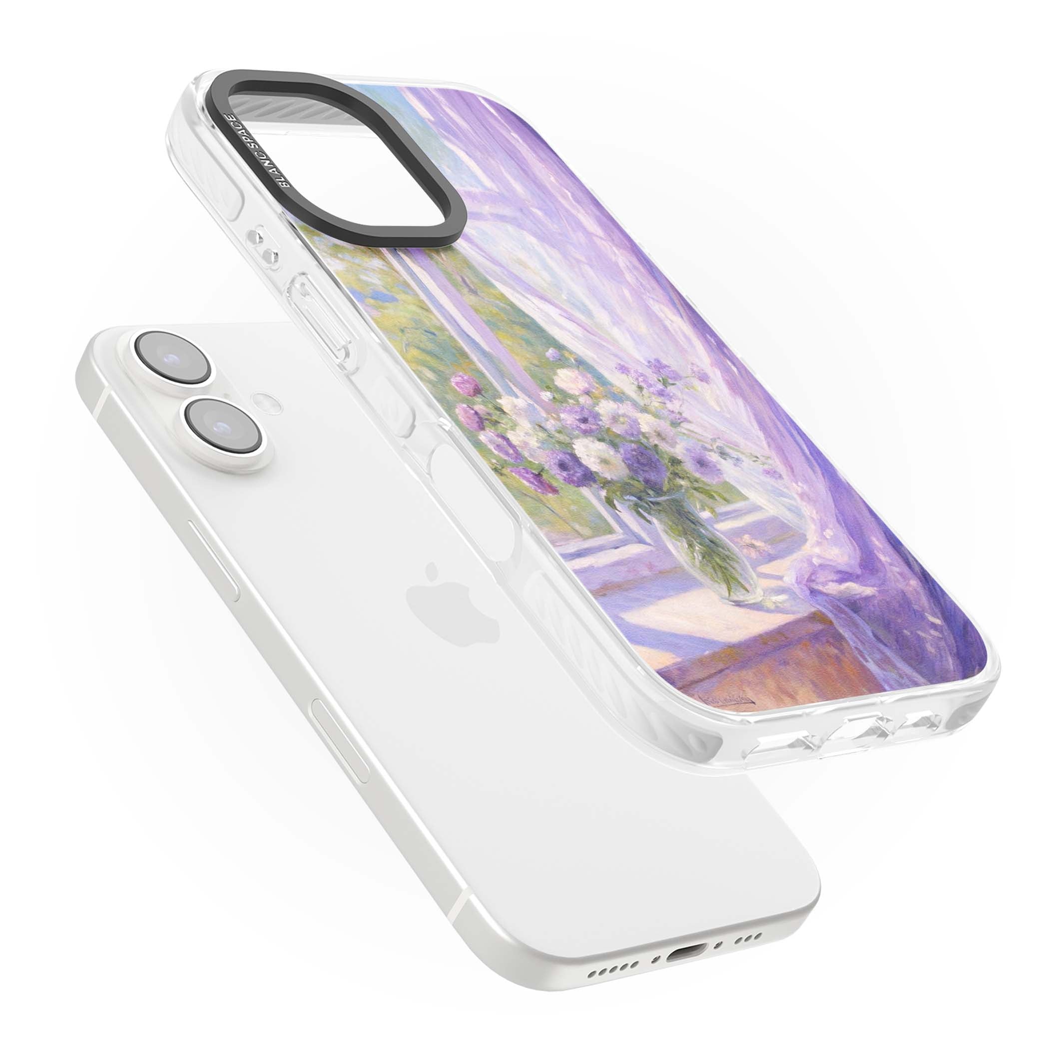 A Provence Morning impressionist art iPhone case featuring a vase of purple flowers, sunlit window and sheer curt | Impact Magsafe case for iPhone 16, iPhone 16 Plus