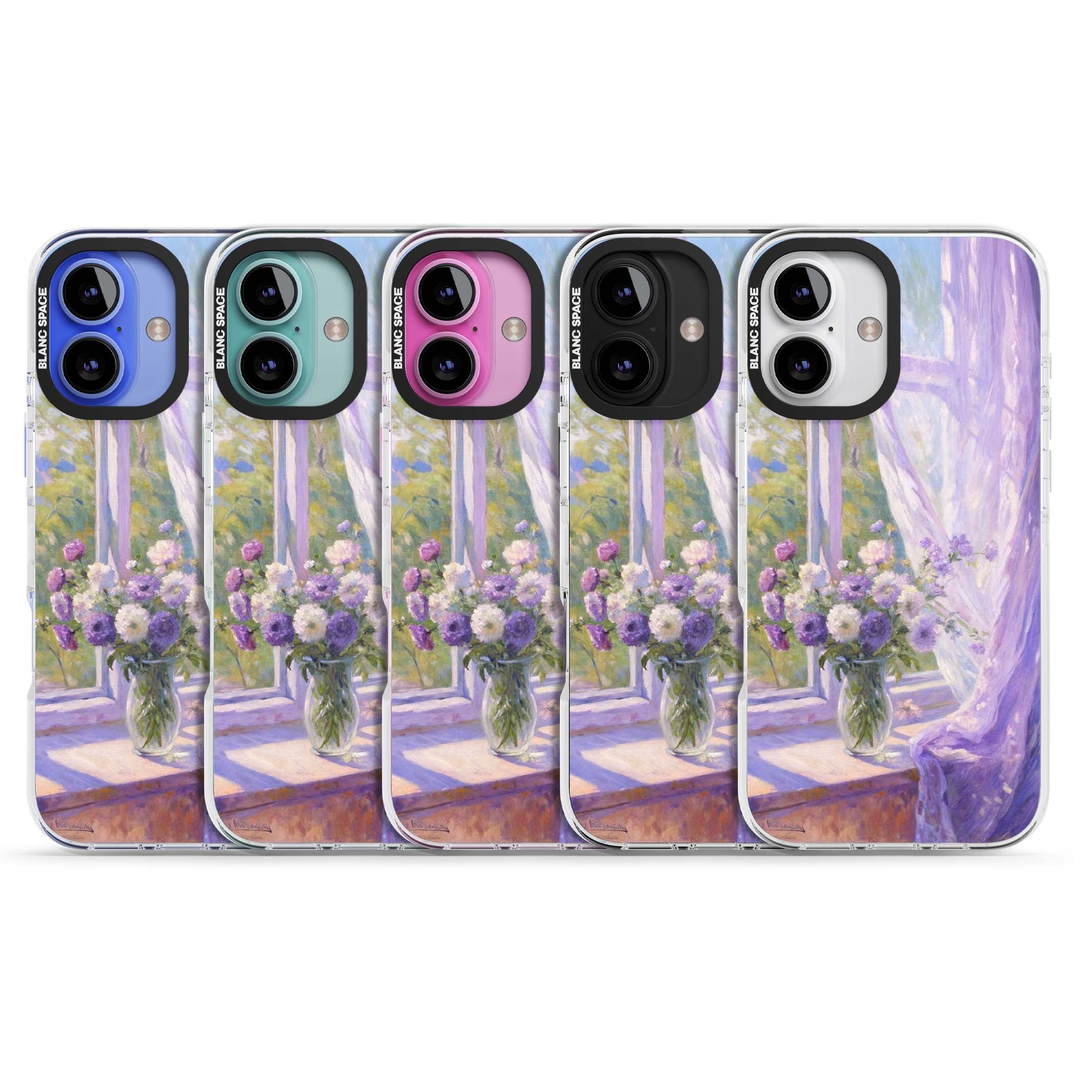 A Provence Morning impressionist art iPhone case featuring a vase of purple flowers, sunlit window and sheer curt | Impact Magsafe case for iPhone 16, iPhone 16 Plus