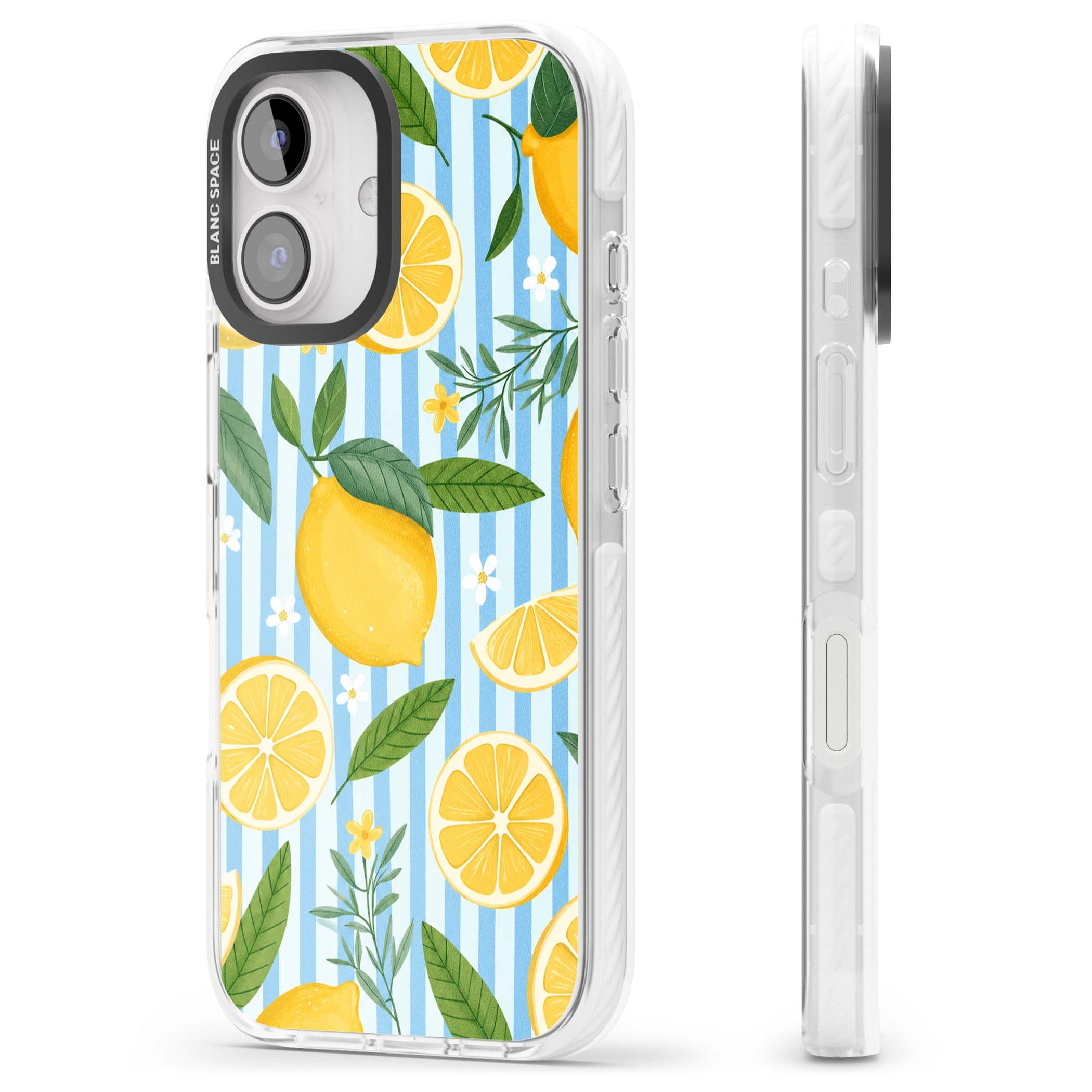 Capri Citrus Stripe coastal iPhone case featuring yellow lemons, blue stripes, and white daisy blossoms | Impact Magsafe case for iPhone 16, iPhone 16 Plus