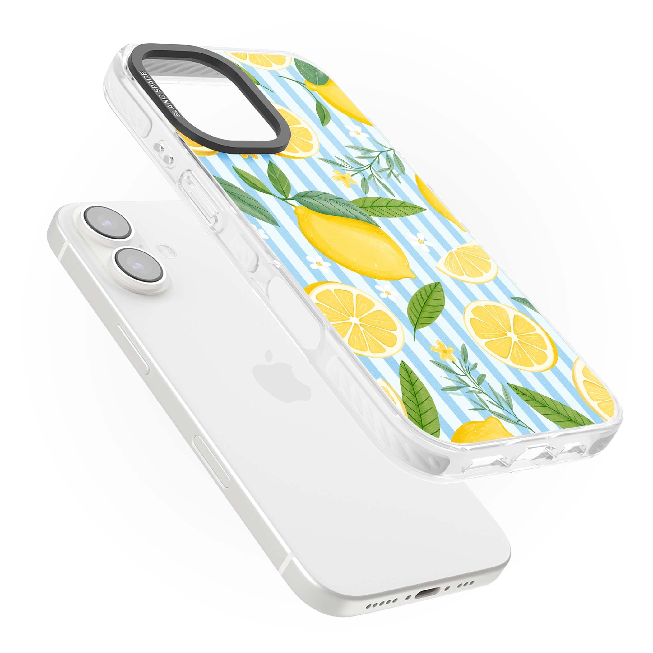 Capri Citrus Stripe coastal iPhone case featuring yellow lemons, blue stripes, and white daisy blossoms | Impact Magsafe case for iPhone 16, iPhone 16 Plus