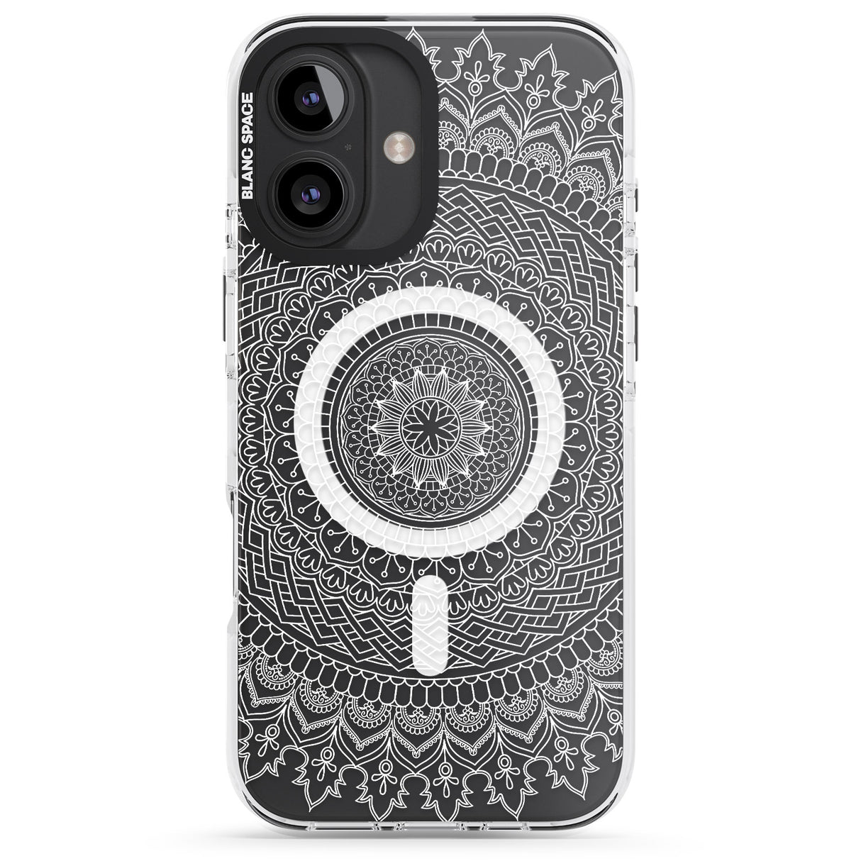 iPhone 16 Pro Max Large White Mandala Design Black Impact Phone Case