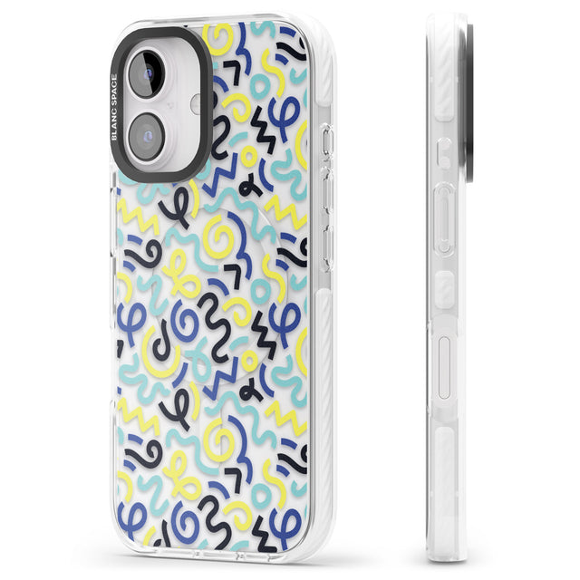 iPhone 16 Pro Max Blue & Yellow Shapes Memphis Retro Pattern Design Black Impact Phone Case