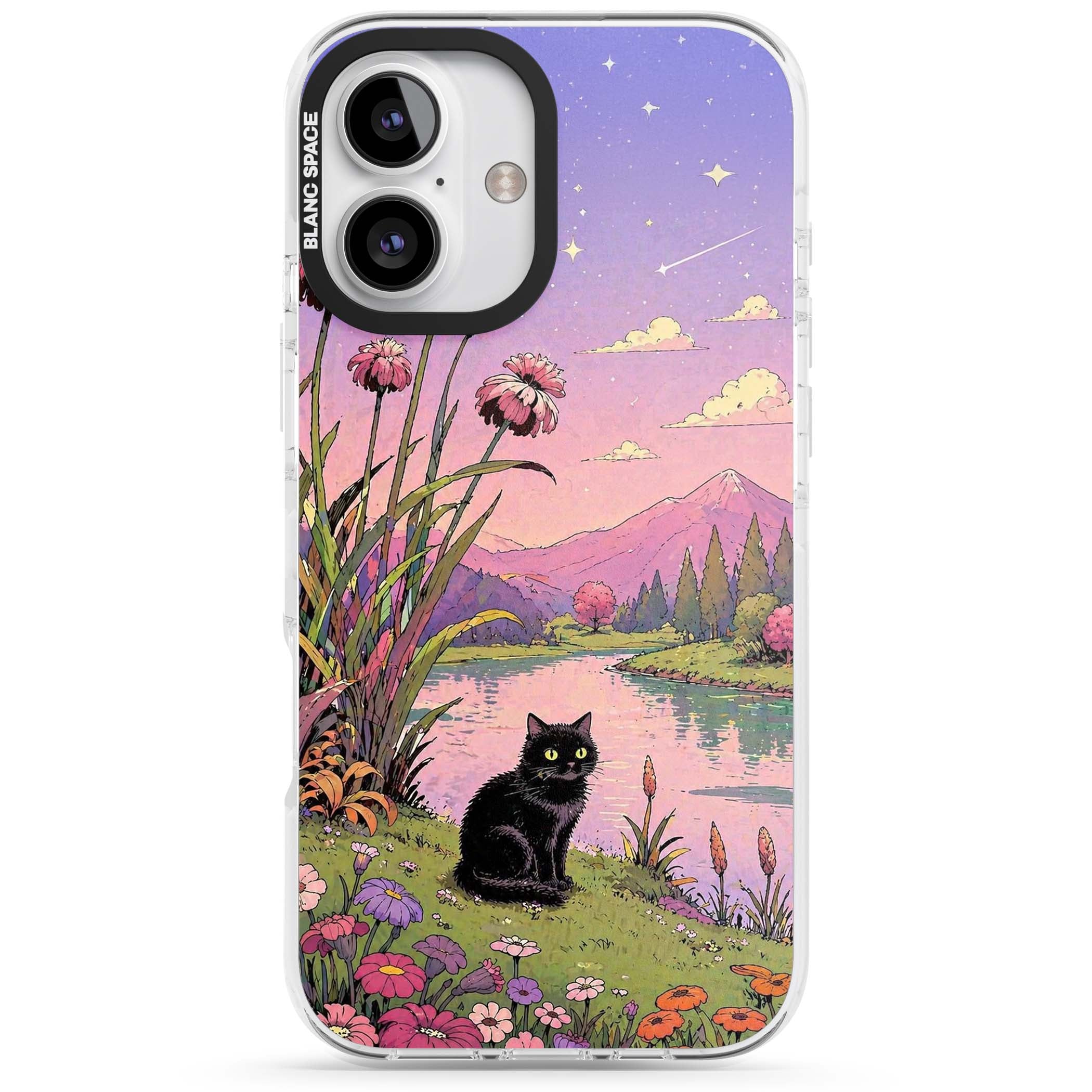 Mystic Whiskers ghibli iPhone case featuring a black cat by a pastel lake, wildflowers and a starry sunset sky | Impact Magsafe case for iPhone 16, iPhone 16 Plus