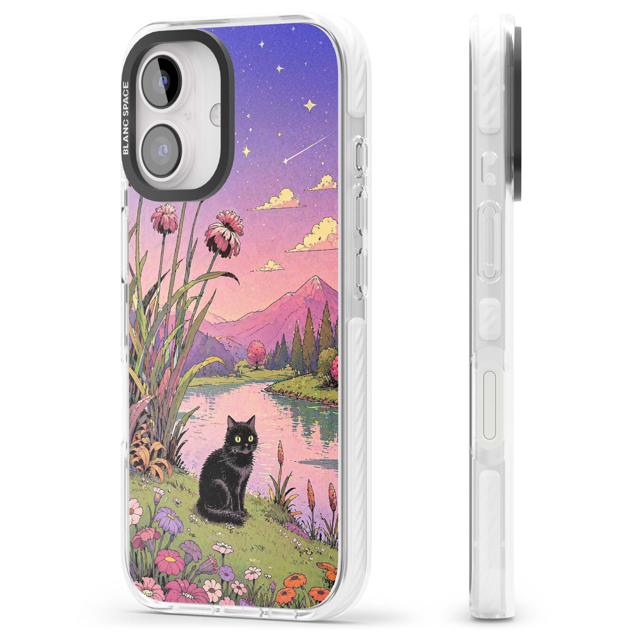 Mystic Whiskers ghibli iPhone case featuring a black cat by a pastel lake, wildflowers and a starry sunset sky | Impact Magsafe case for iPhone 16, iPhone 16 Plus