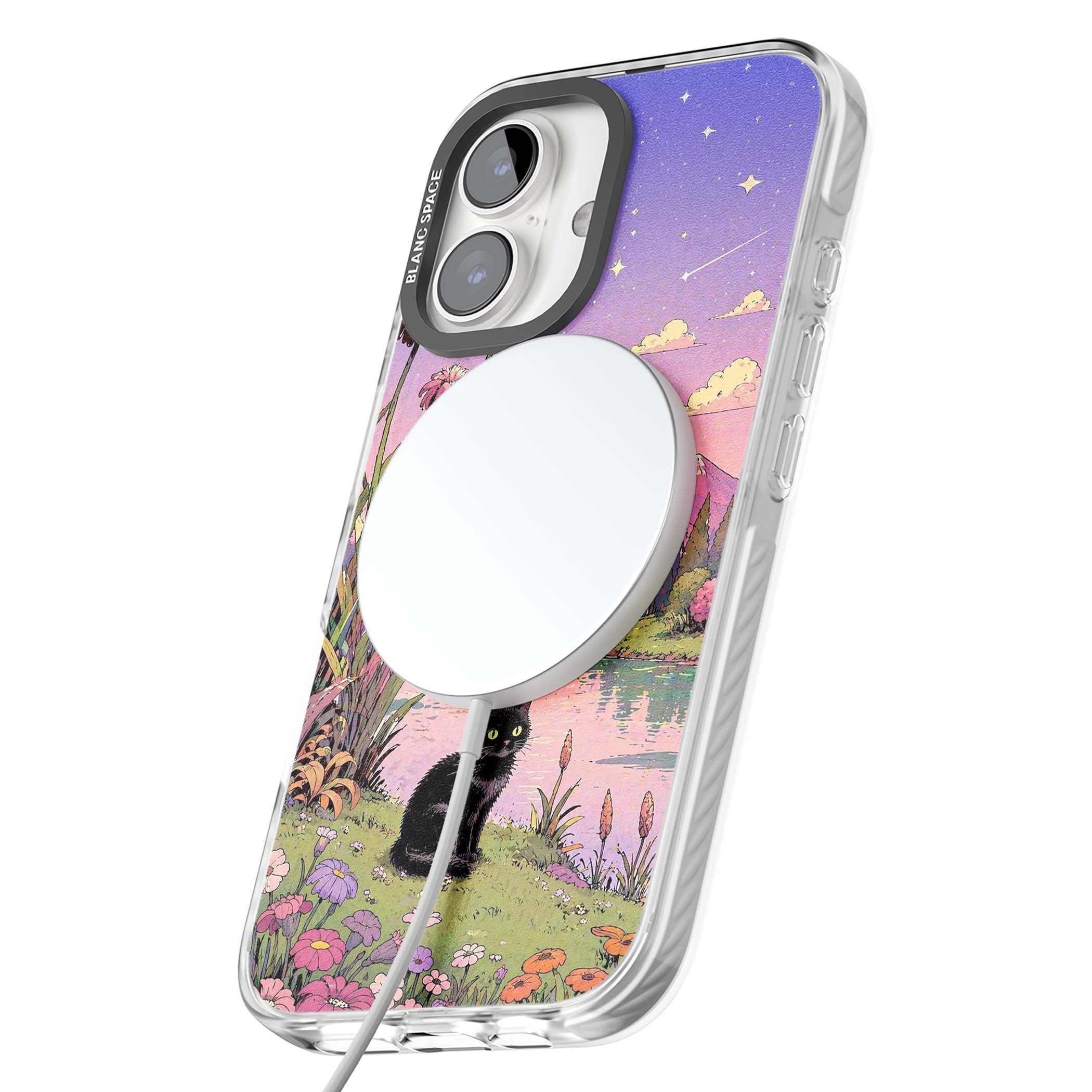 Mystic Whiskers ghibli iPhone case featuring a black cat by a pastel lake, wildflowers and a starry sunset sky | Impact Magsafe case for iPhone 16, iPhone 16 Plus