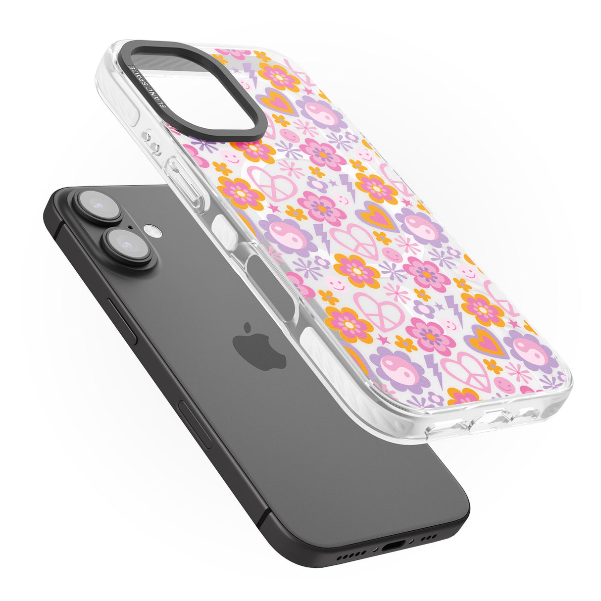 iPhone 16 Pro Max Peace, Love and Flowers Pattern Black Impact Phone Case