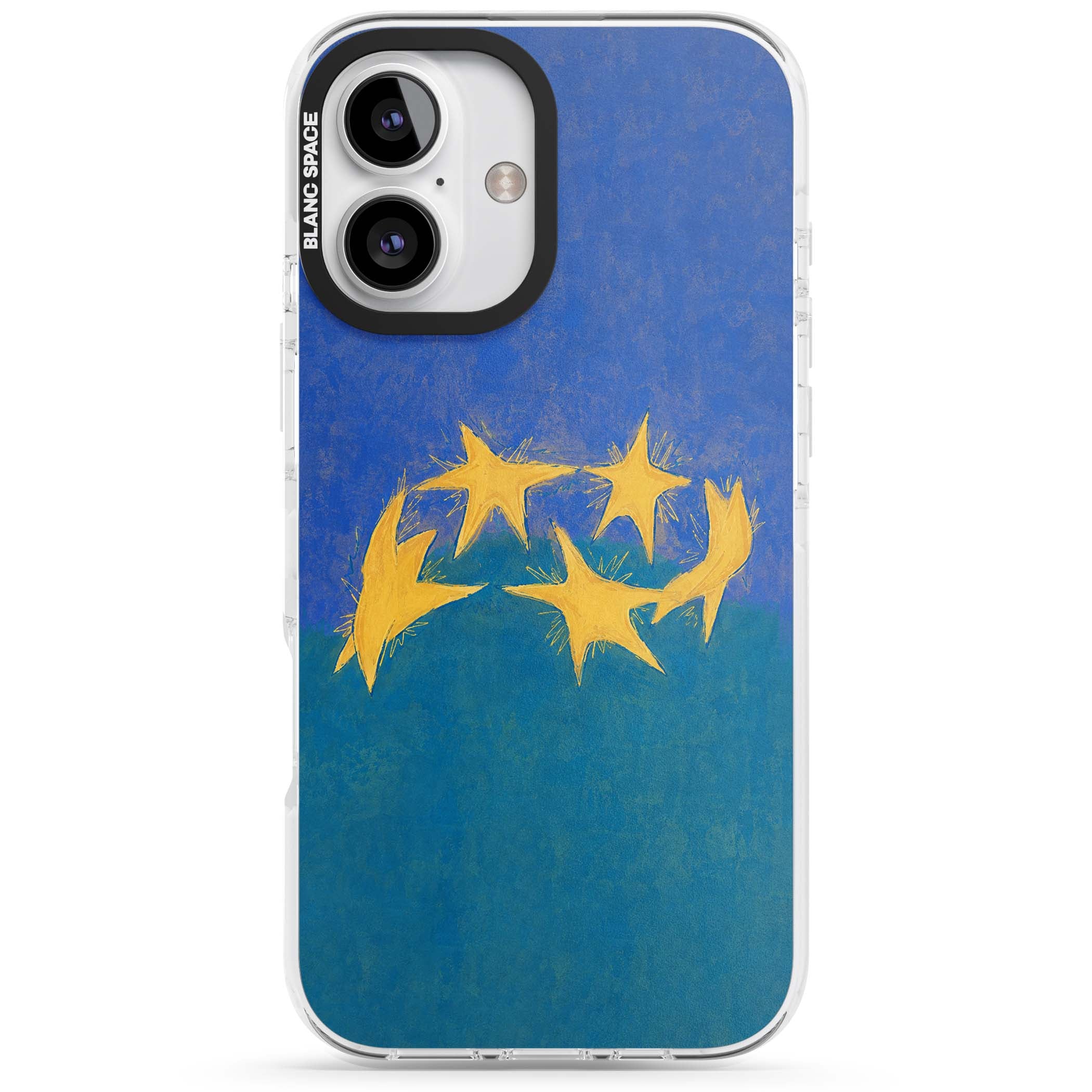 Star Boogie stars aesthetic iPhone case featuring five yellow hand-painted stars on cobalt blue and teal | Impact Magsafe case for iPhone 16, iPhone 16 Plus