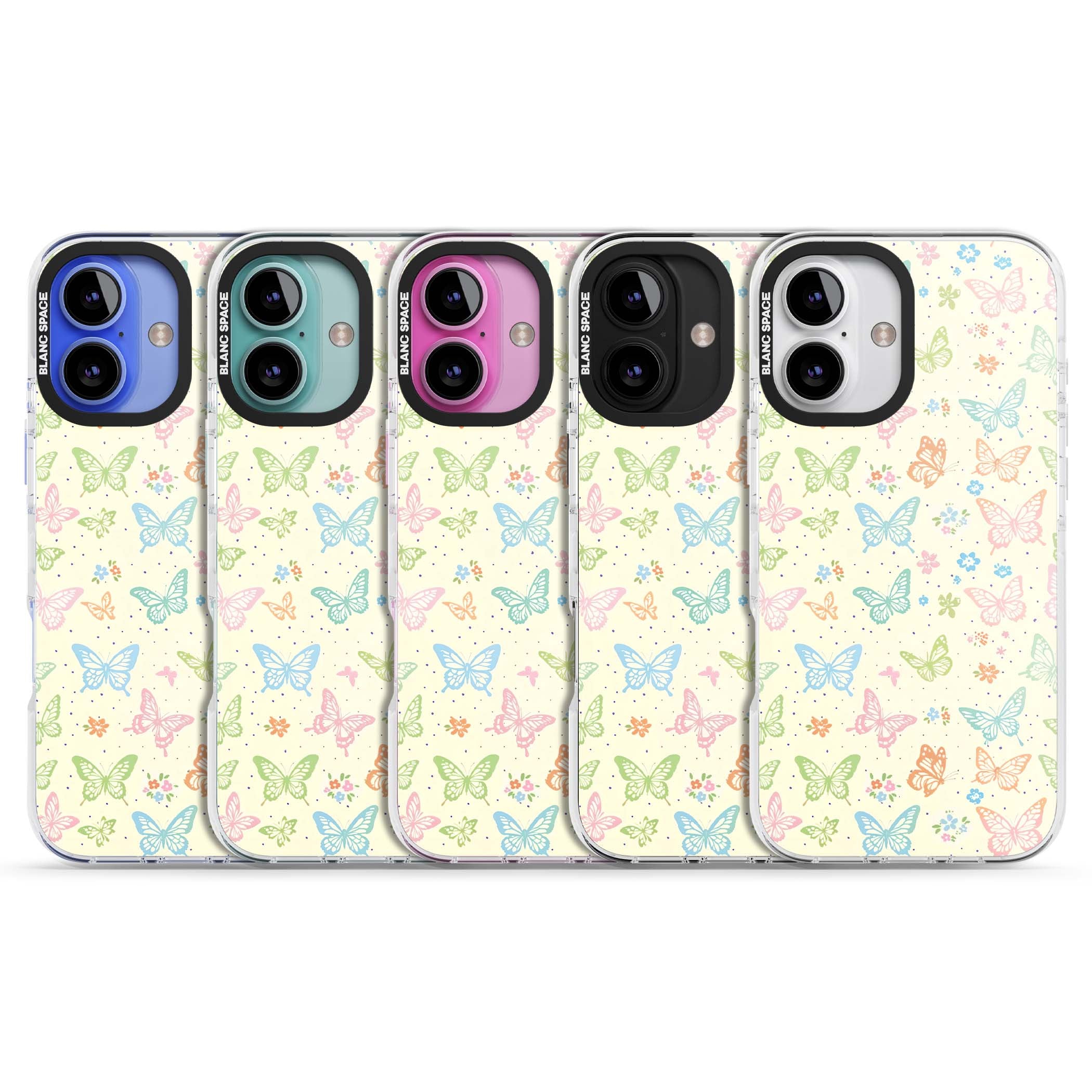 Sugar Wings cottagecore iPhone case featuring rainbow pastel butterflies, tiny wildflowers, and a cream background | Impact Magsafe case for iPhone 16, iPhone 16 Plus