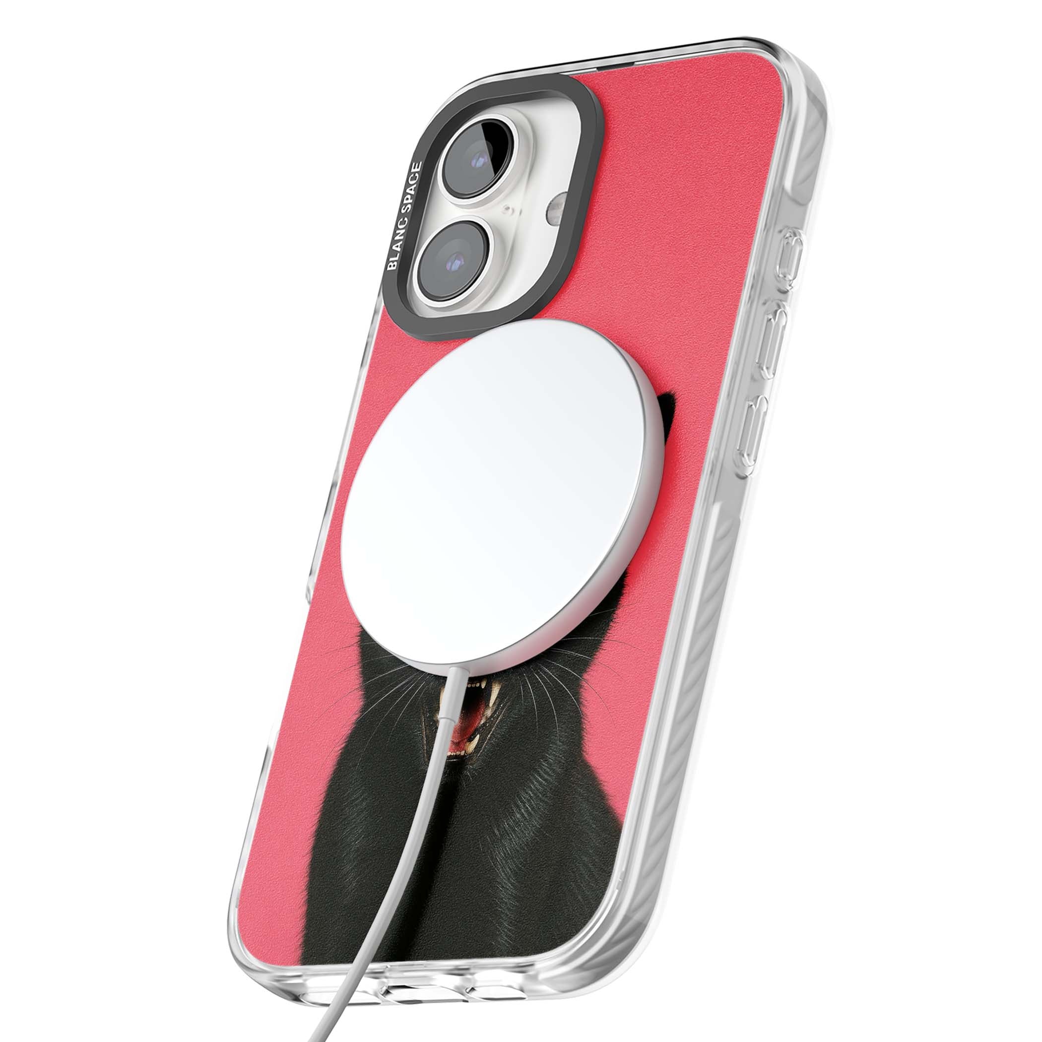 Hissin' Baddie black cat iPhone case featuring a hissing feline with green eyes on a hot pink background | Impact Magsafe case for iPhone 16, iPhone 16 Plus