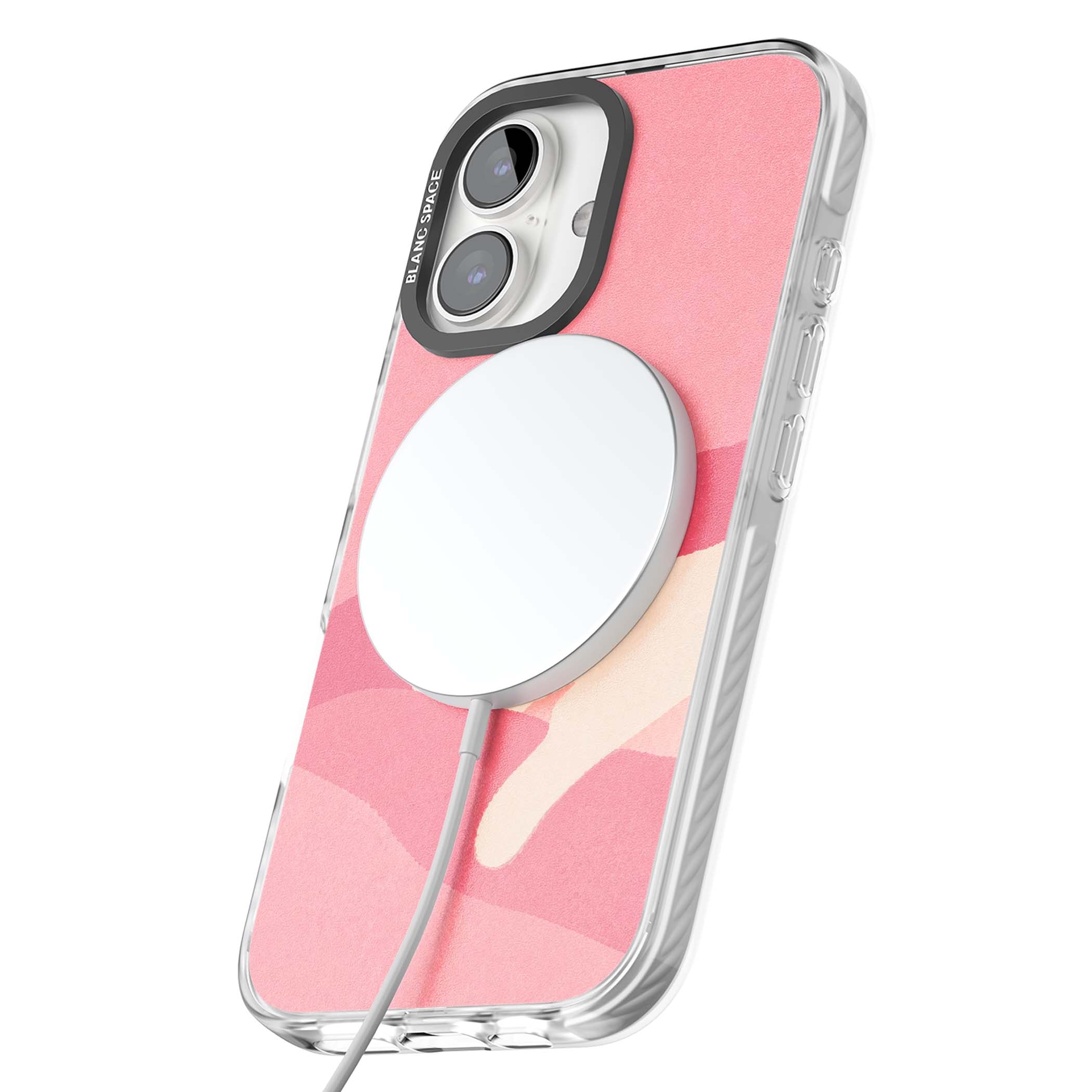 Pink Dreams cute cat iPhone case featuring a white kitten, soft pink hills and a pale pastel sun | Impact Magsafe case for iPhone 16, iPhone 16 Plus