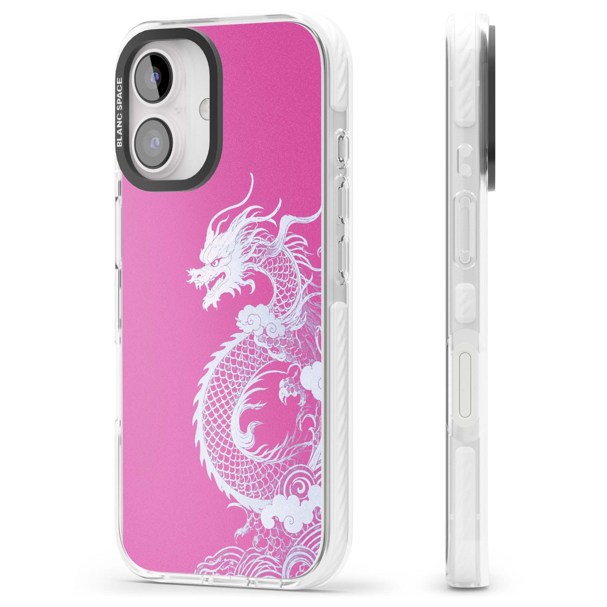 Pink Empress chinese dragon iPhone case featuring a white dragon, swirling clouds and pink dragon wallpaper backdrop | Impact Magsafe case for iPhone 16, iPhone 16 Plus