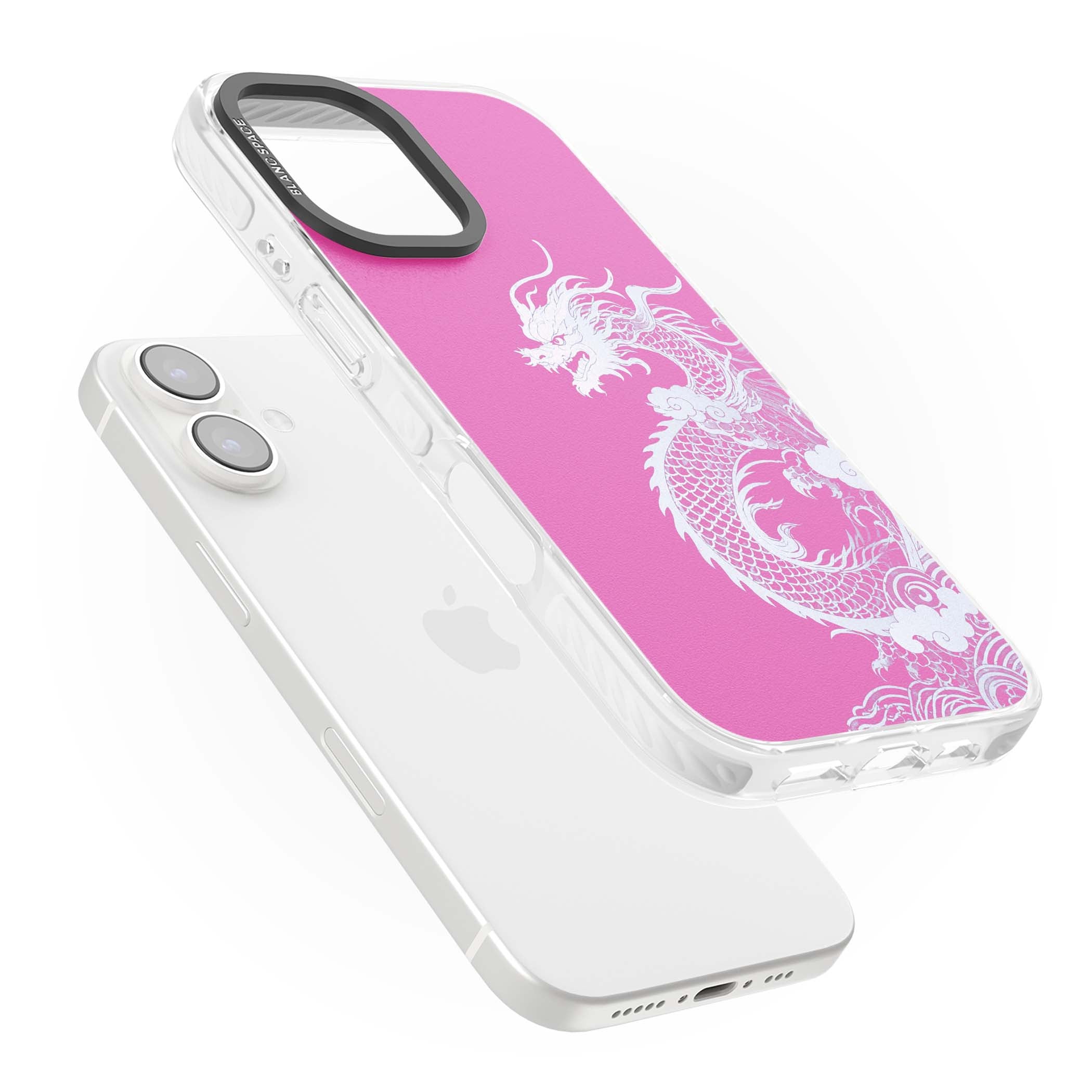 Pink Empress chinese dragon iPhone case featuring a white dragon, swirling clouds and pink dragon wallpaper backdrop | Impact Magsafe case for iPhone 16, iPhone 16 Plus