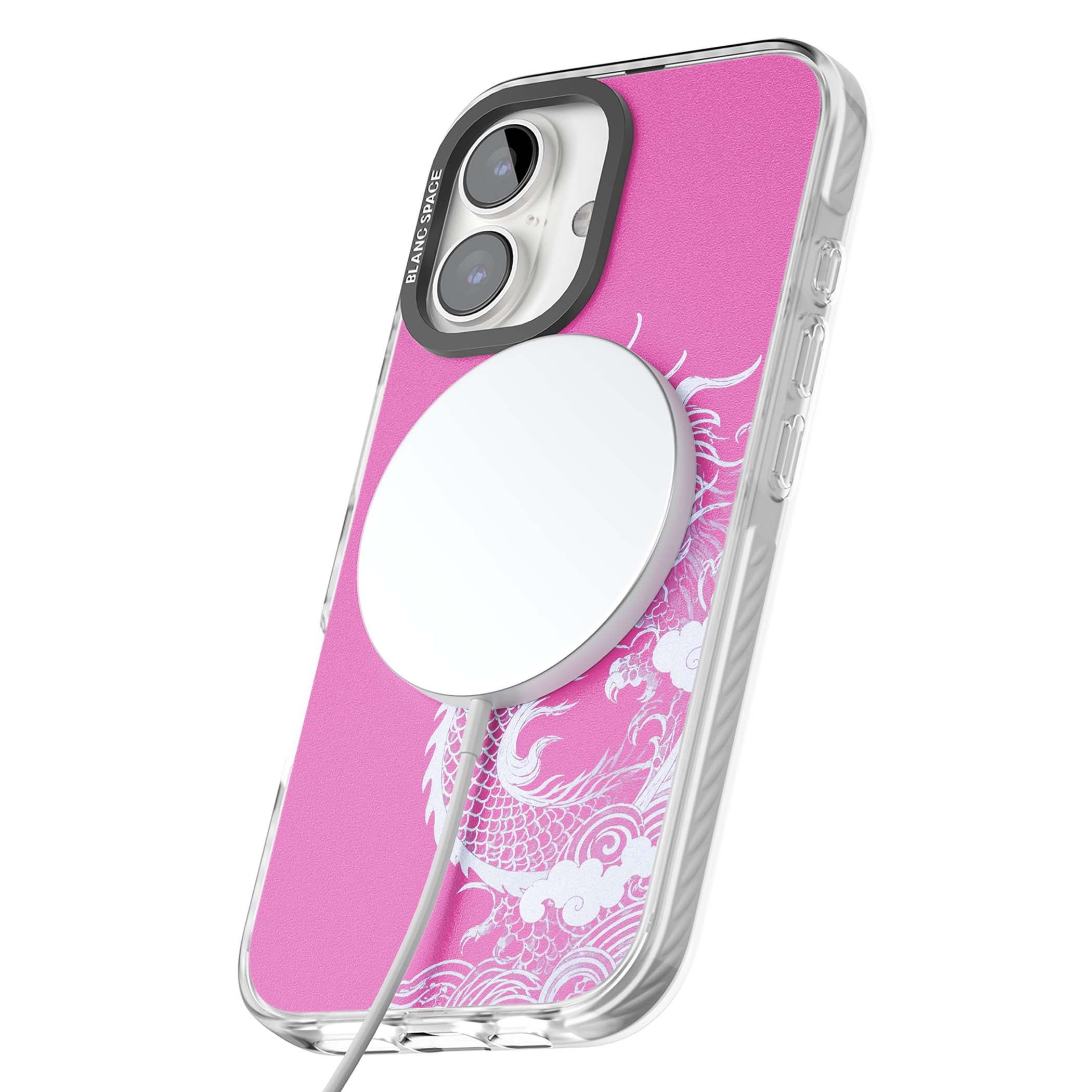 Pink Empress chinese dragon iPhone case featuring a white dragon, swirling clouds and pink dragon wallpaper backdrop | Impact Magsafe case for iPhone 16, iPhone 16 Plus