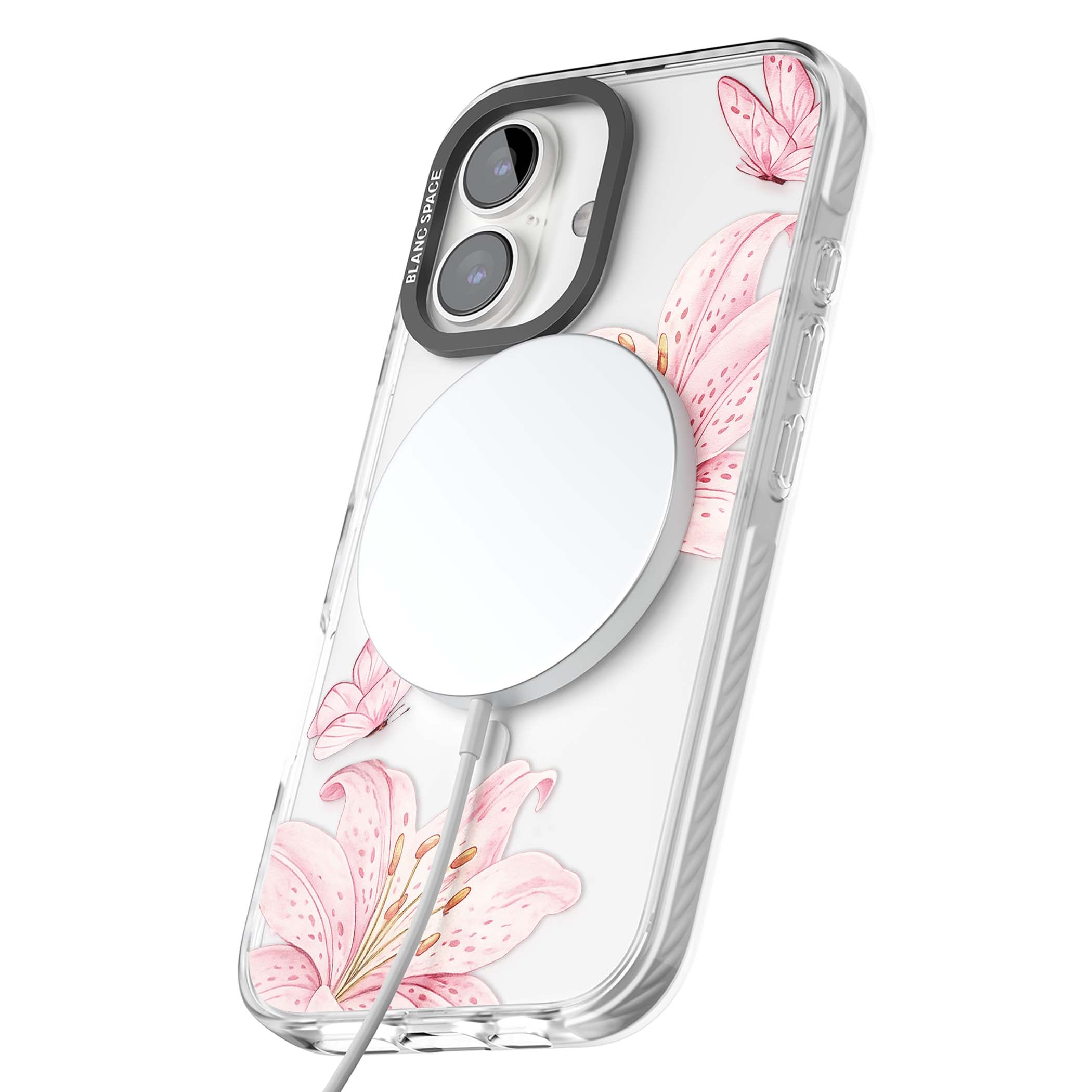 Lily Whisper floral iPhone case featuring pink watercolour lilies and delicate butterflies on a clear background | Impact Magsafe case for iPhone 16, iPhone 16 Plus