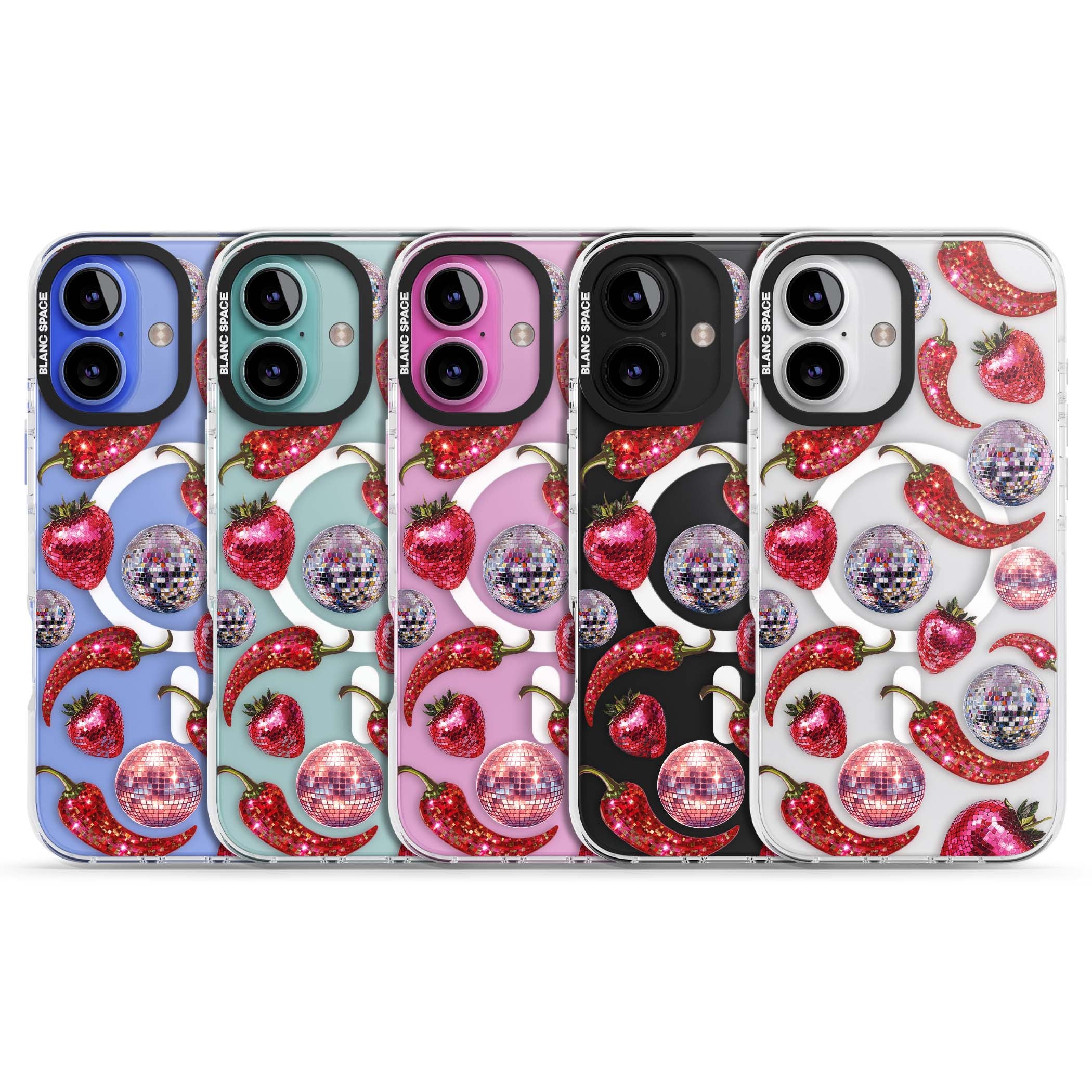 Spicy Disco Y2K iPhone case featuring glitter disco balls, sparkly strawberries and red chilli peppers | Impact Magsafe case for iPhone 16, iPhone 16 Plus