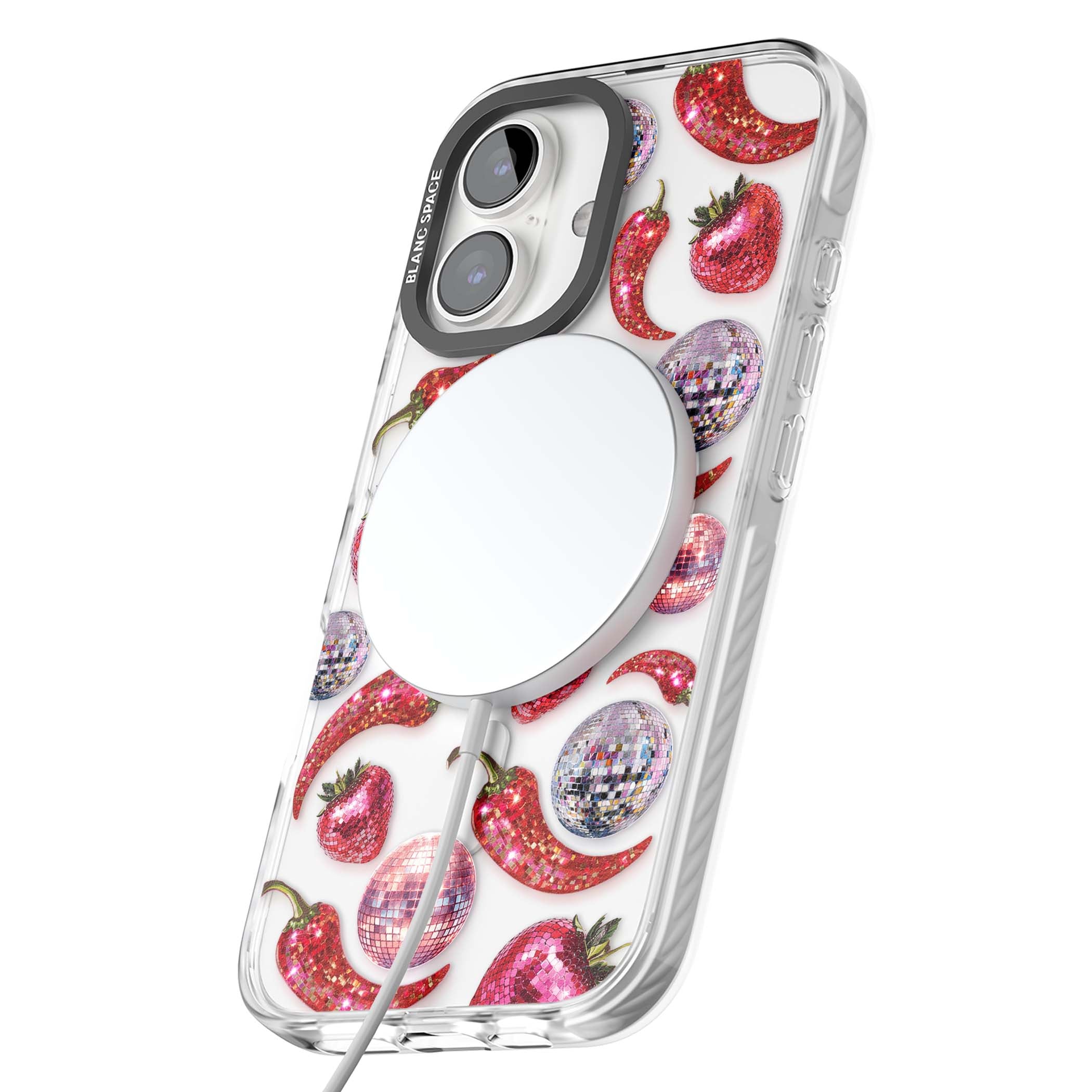 Spicy Disco Y2K iPhone case featuring glitter disco balls, sparkly strawberries and red chilli peppers | Impact Magsafe case for iPhone 16, iPhone 16 Plus