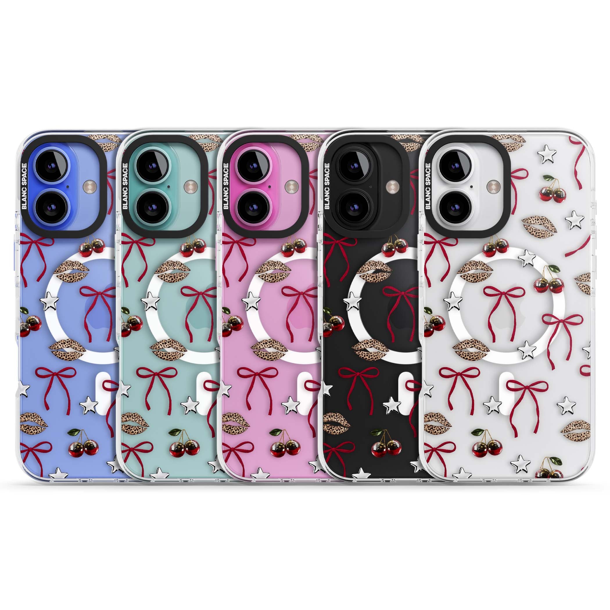 Starlet coquette iPhone case featuring red ribbon bows, disco cherries and leopard-print lips | Impact Magsafe case for iPhone 16, iPhone 16 Plus