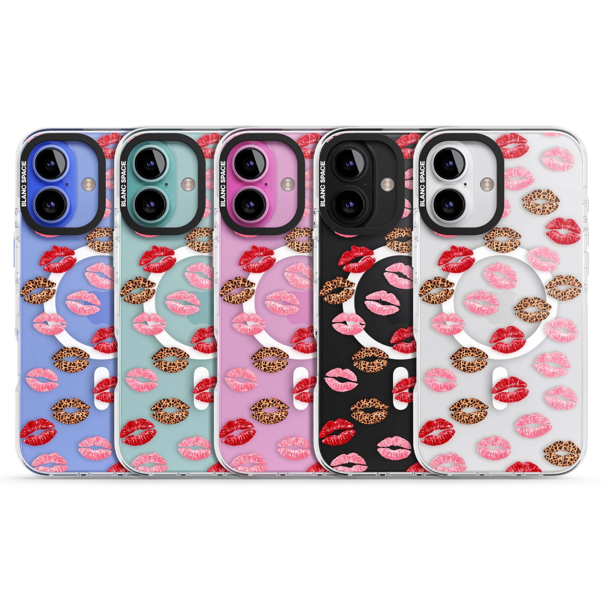 Wild Kisses coquette iPhone case featuring red, pink and leopard print lipstick kiss marks on a clear background | Impact Magsafe case for iPhone 16, iPhone 16 Plus
