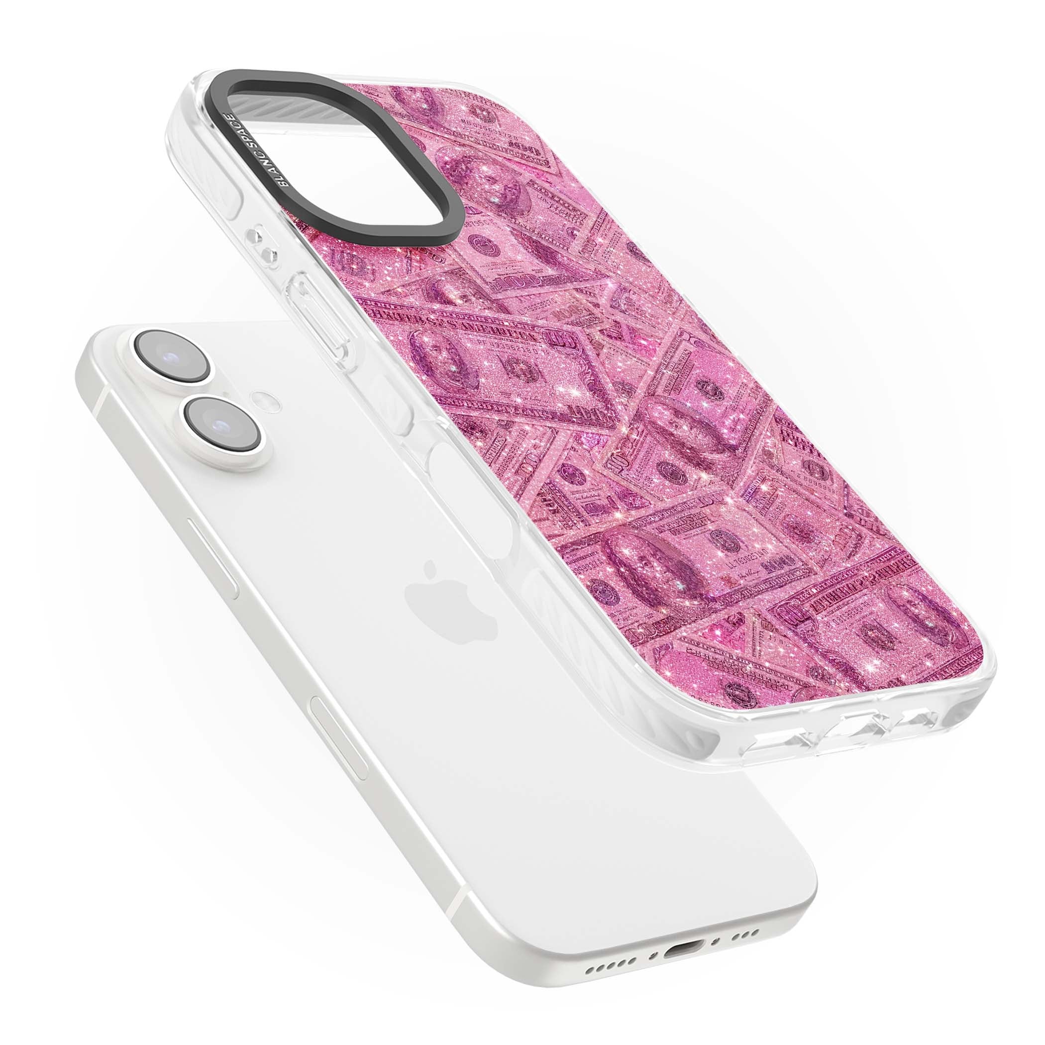Glamorous baddie iPhone case featuring pink glitter hundred dollar bills and sparkling money wallpaper design | Impact Magsafe case for iPhone 16, iPhone 16 Plus