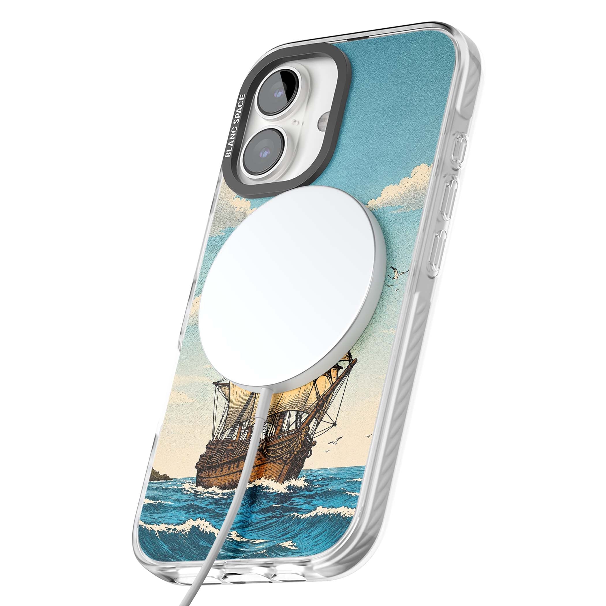 Ship at Sea nautical iPhone case featuring a vintage tall ship, ocean waves and seagulls | Impact Magsafe case for iPhone 16, iPhone 16 Plus