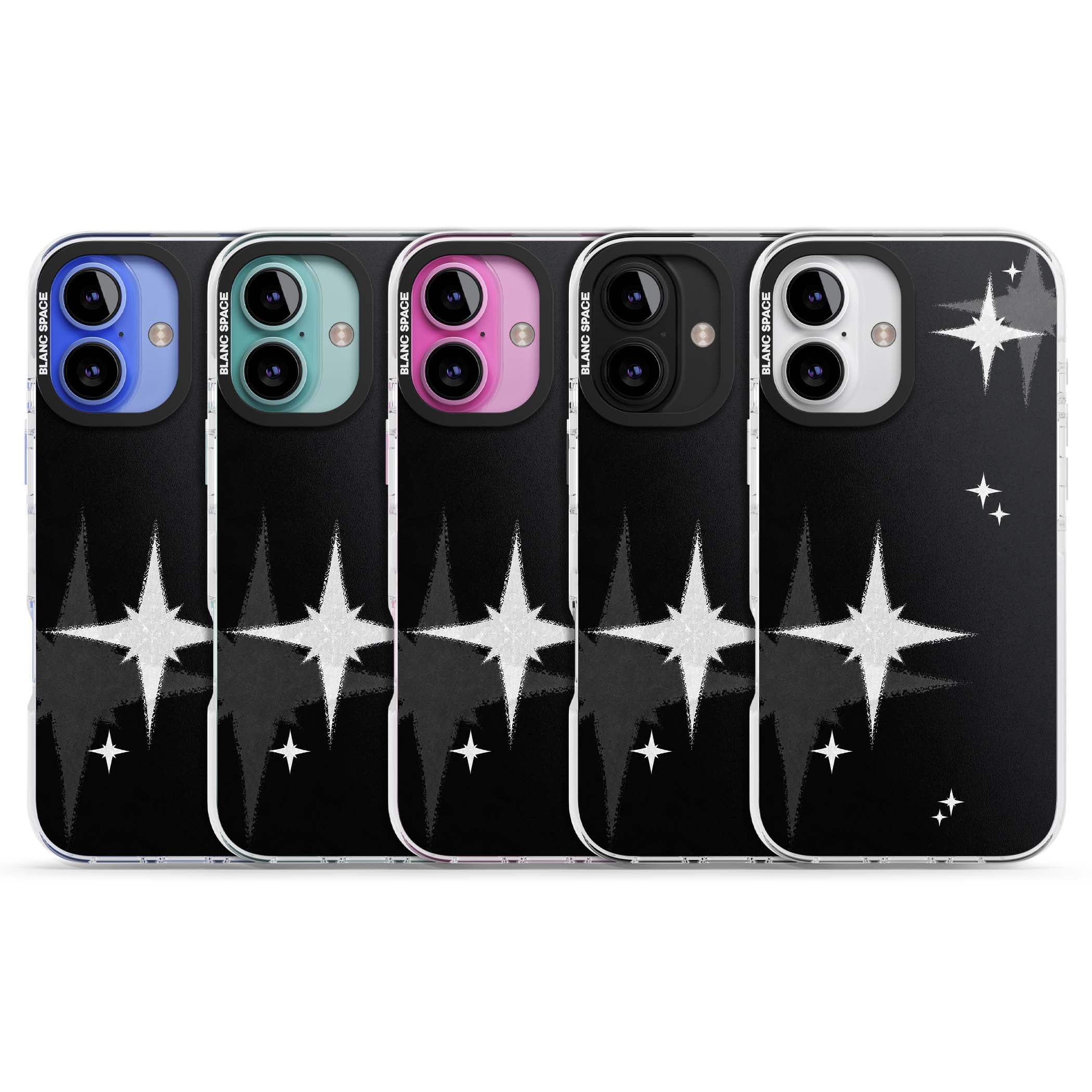 Black Sparkle celestial iPhone case featuring white sparkle stars on a black night sky background | Impact Magsafe case for iPhone 16, iPhone 16 Plus