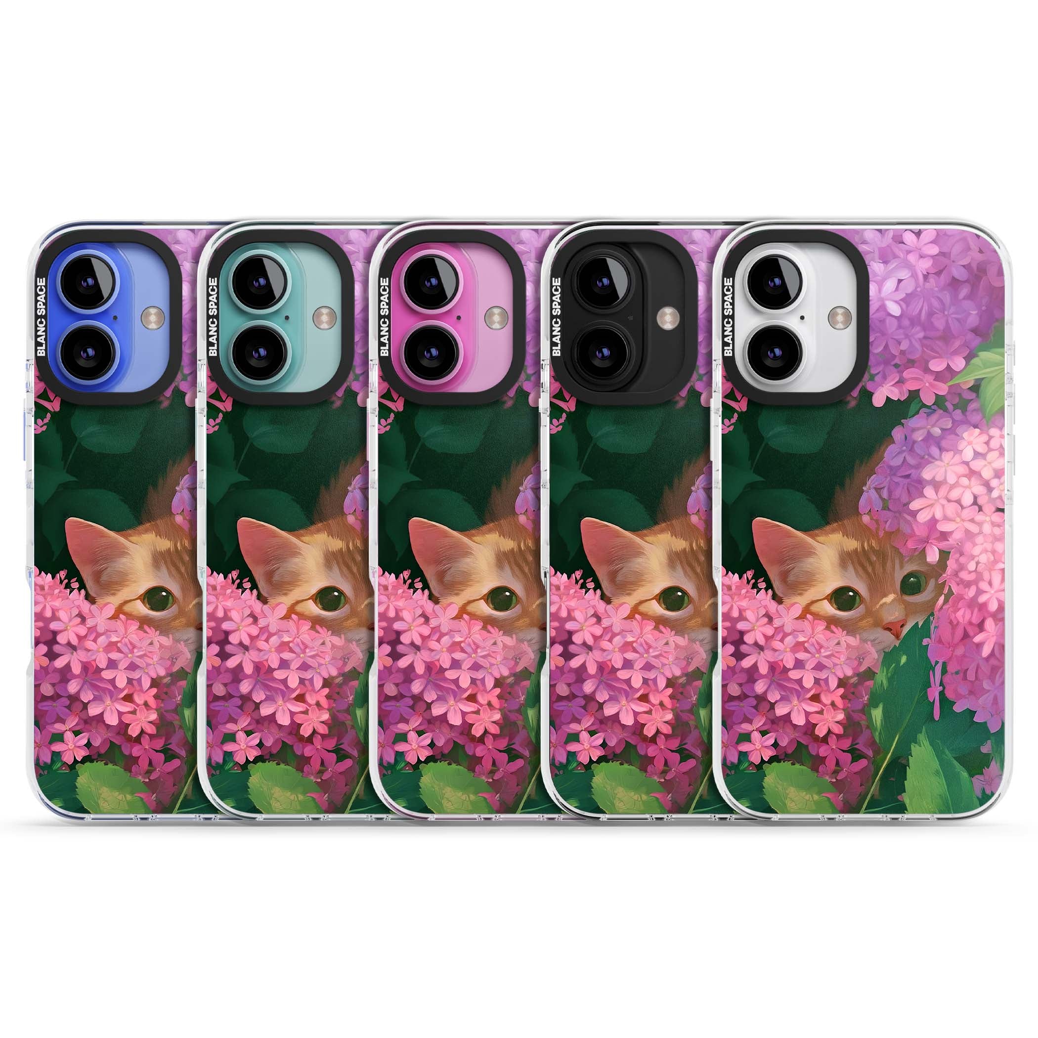 Cat In Pink Flowers cottagecore iPhone case featuring a ginger kitten peeking through lilac and pink hydrangea flo | Impact Magsafe case for iPhone 16, iPhone 16 Plus